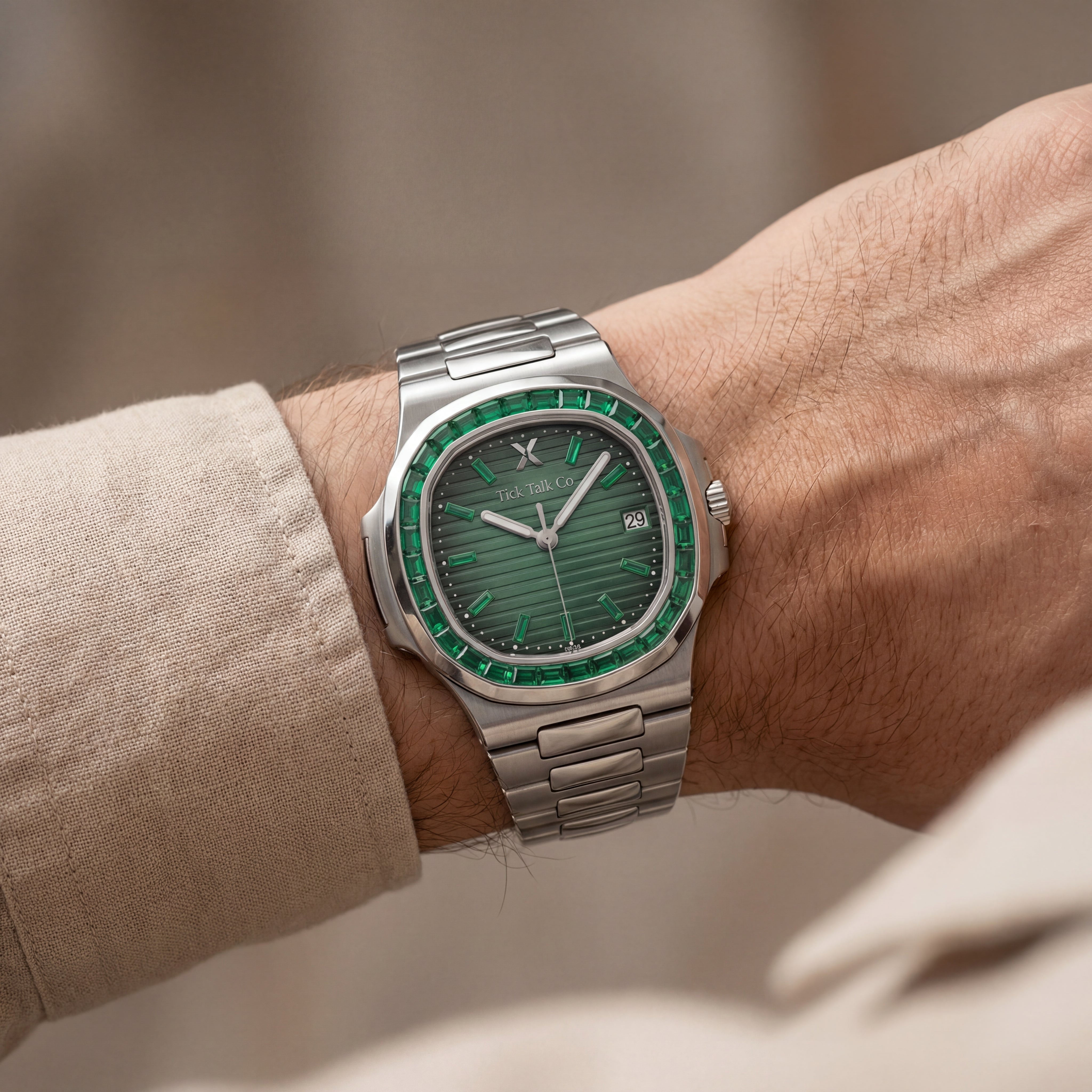 Emerald Green Dial Watch with Gem-Style Bezel and Stainless Steel Bracelet