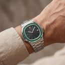 Black Dial Watch with Green Gem-Style Bezel & Stainless Steel Bracelet