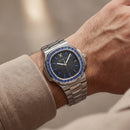 Black Dial Silver Watch with Blue Gem Bezel & Stainless Steel Bracelet