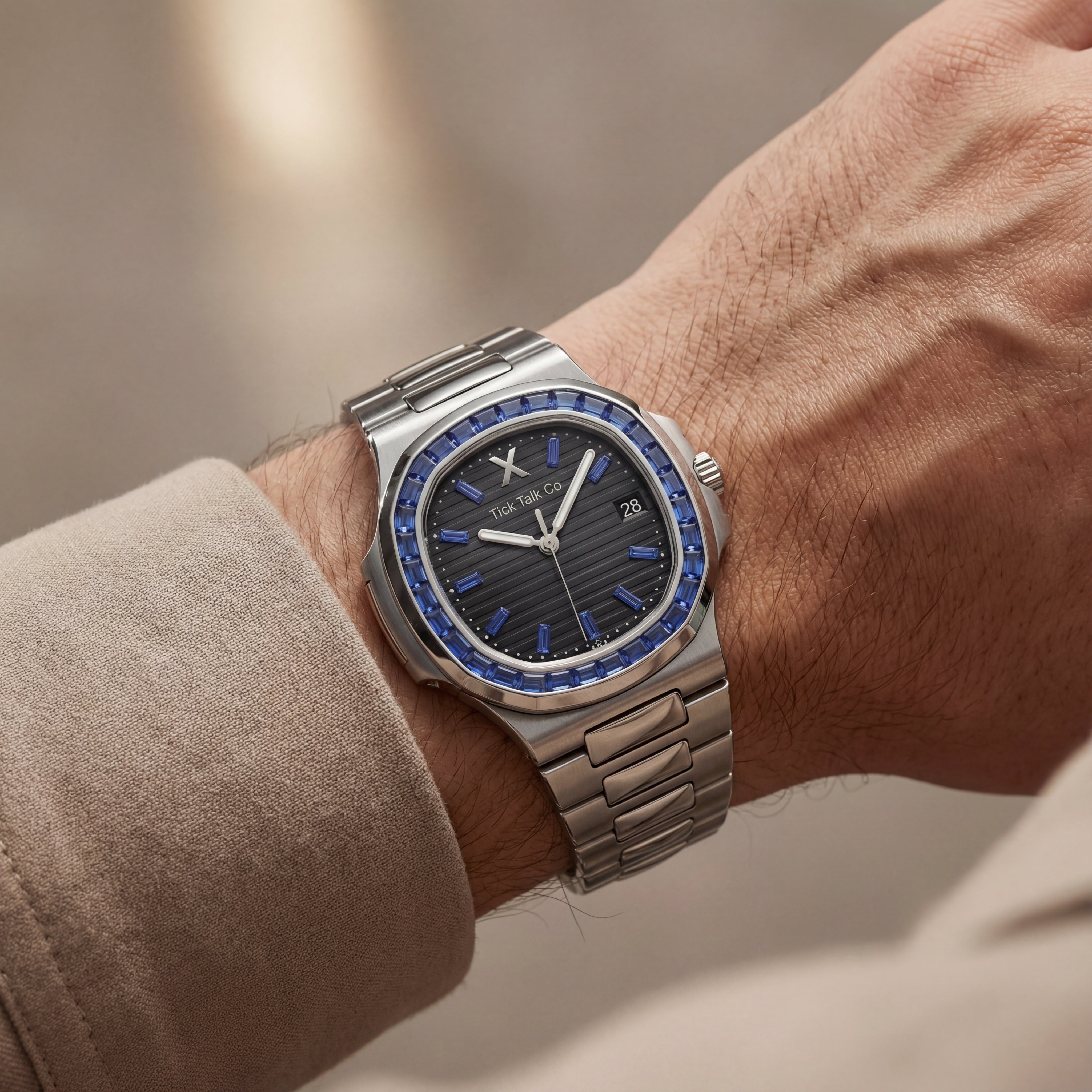 Black Dial Silver Watch with Blue Gem Bezel & Stainless Steel Bracelet