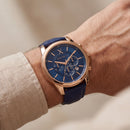 Royal Blue Chronograph Rose Gold Men’s Leather Strap Watch