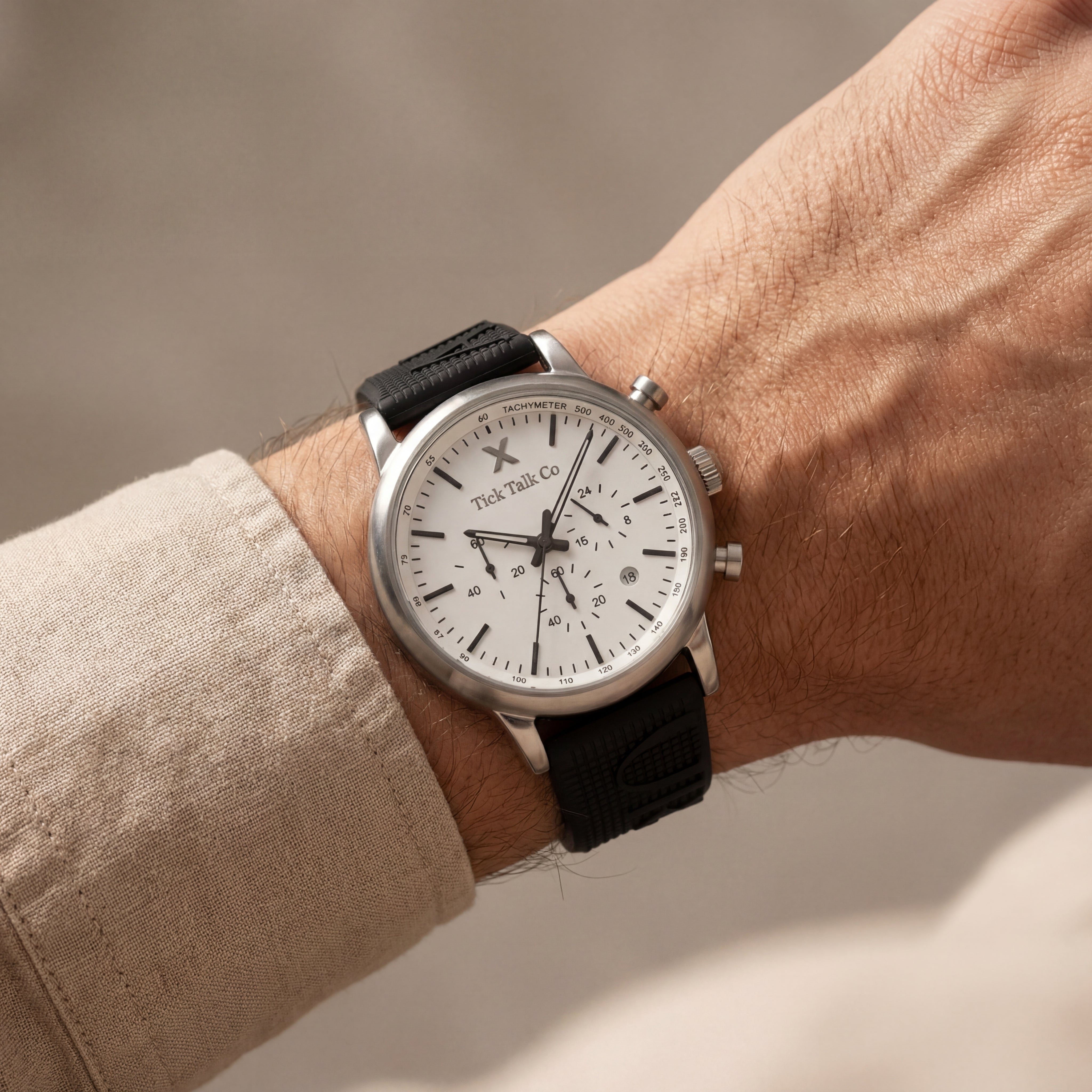 Silver Chronograph Watch with White Dial & Black Rubber Strap