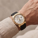 Gold Fluted Bezel White Dial Luxury Men’s Watch with Rubber Strap