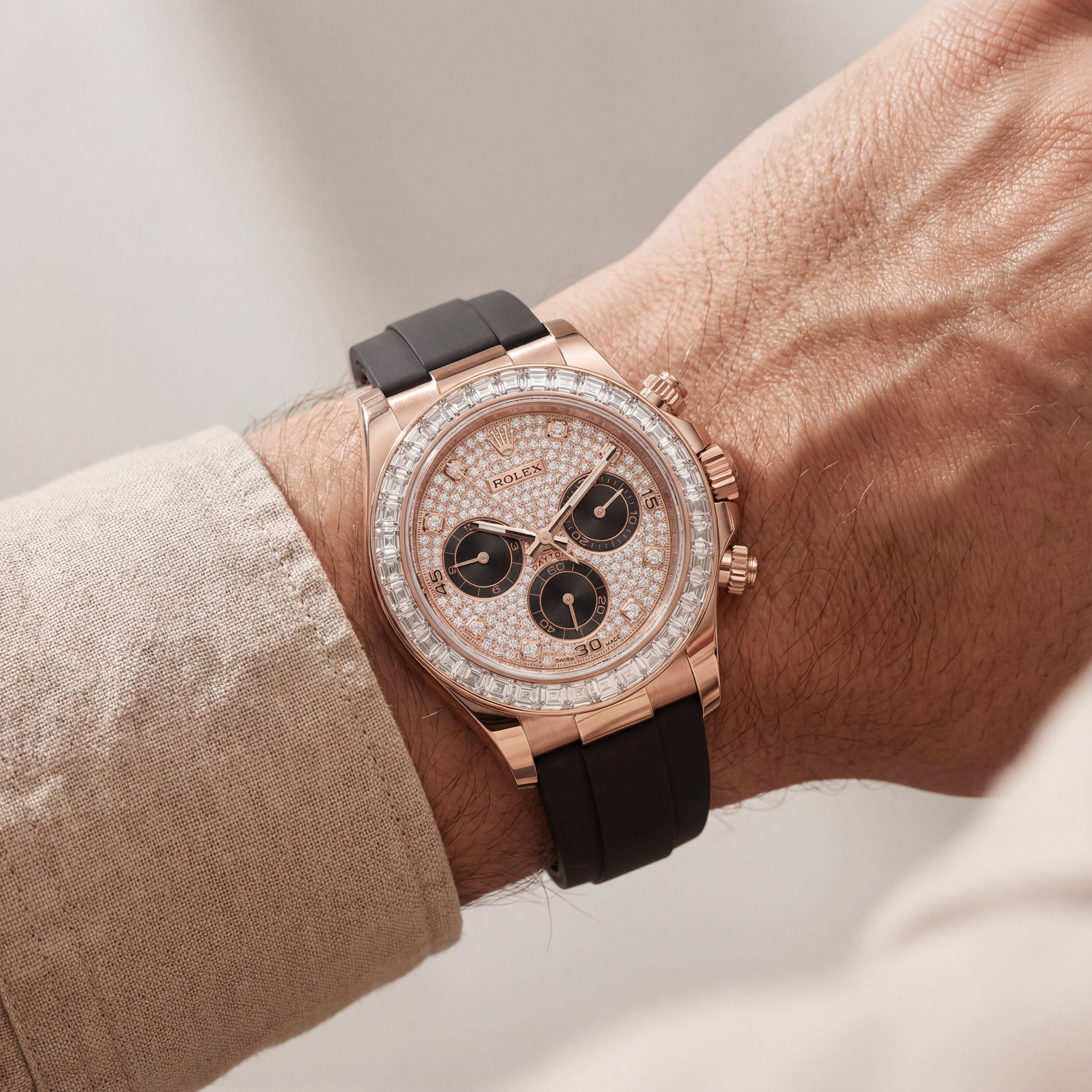Rose Gold Diamond Bezel Chronograph Watch with Black Rubber Strap