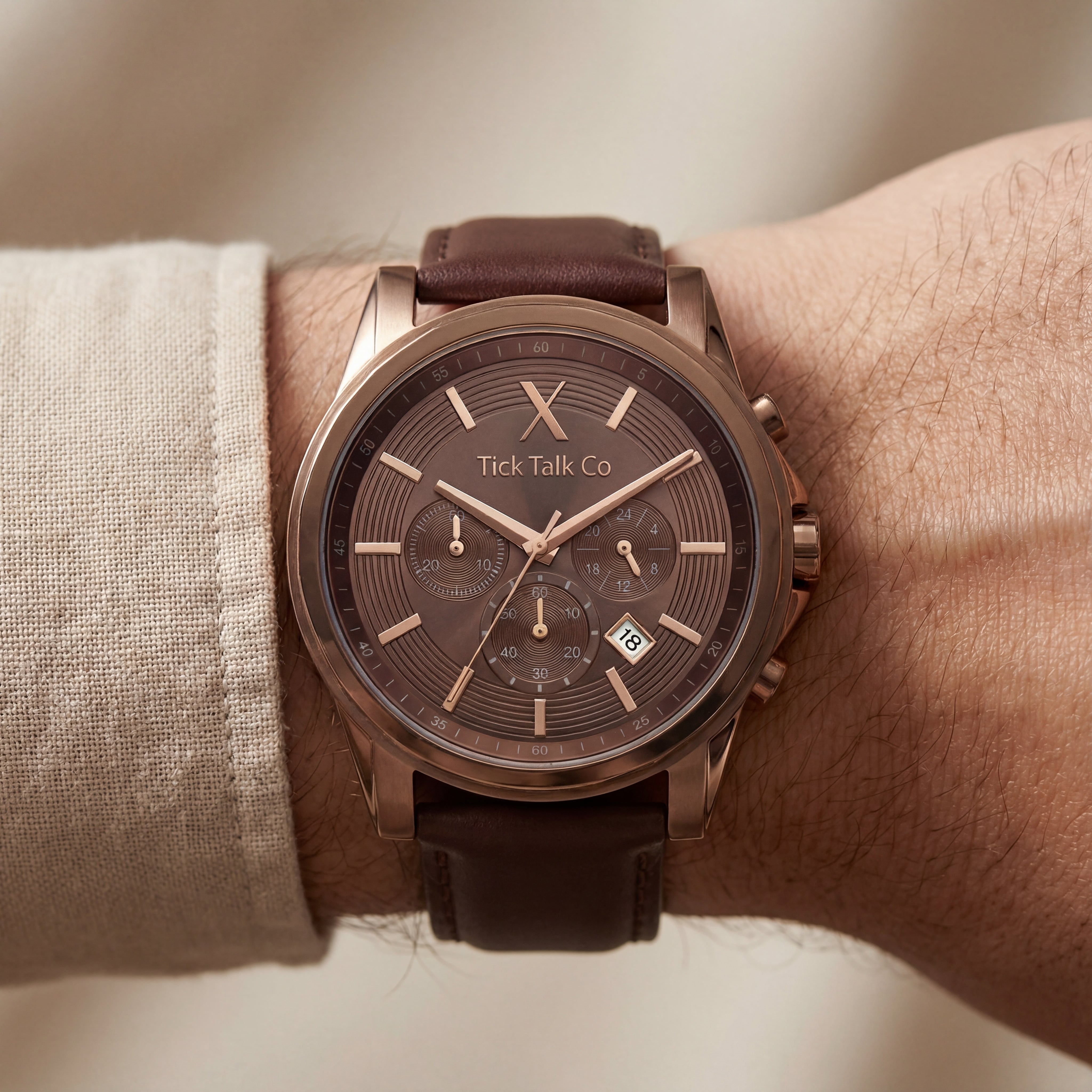 Chocolate Brown Chronograph Rose Gold Men’s Leather Strap Watch