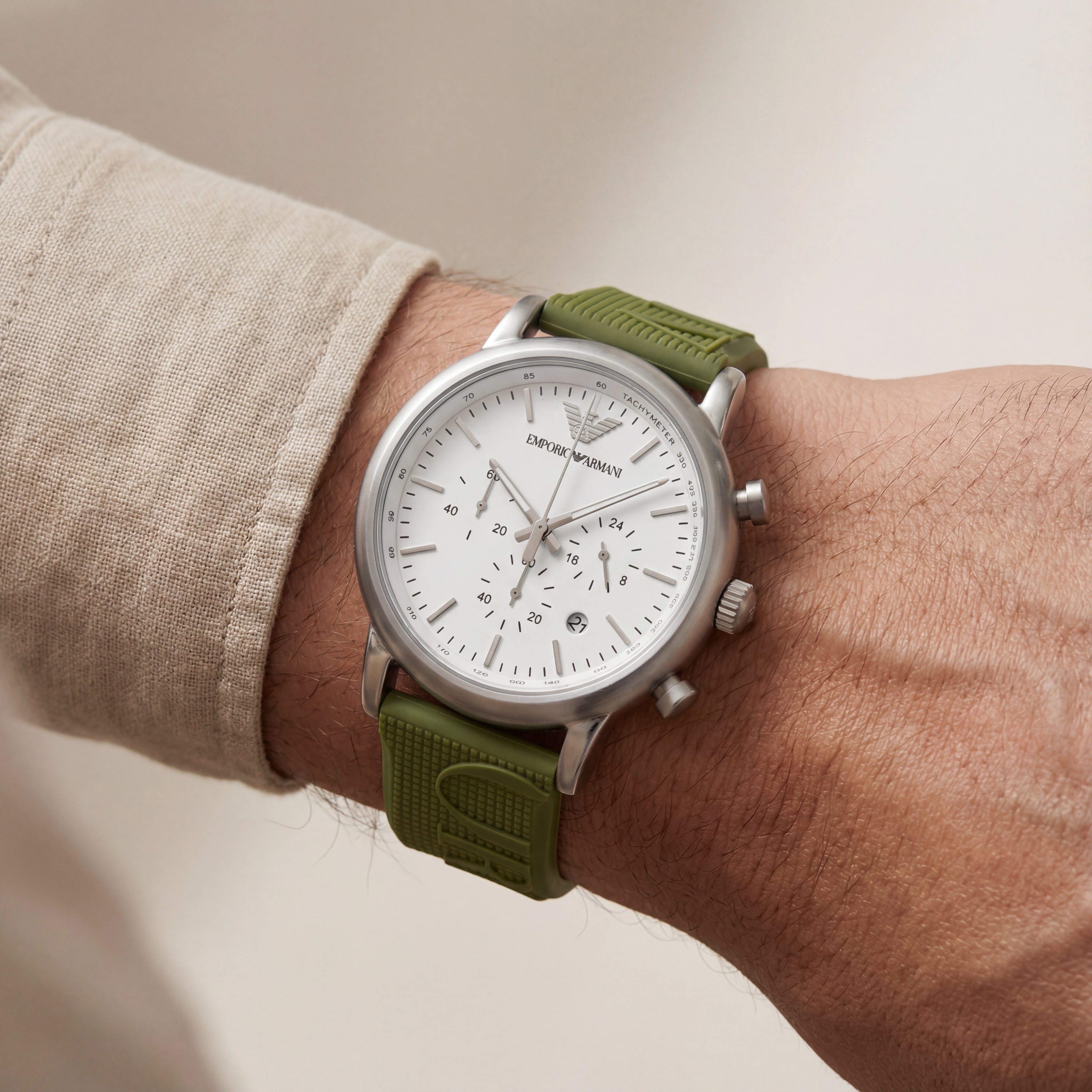 Silver Chronograph Watch for Men with White Dial & Green Strap
