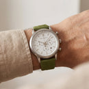 Silver Chronograph Watch with White Dial & Olive Green Rubber Strap