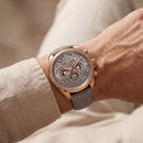 Rose Gold Skeleton Chronograph Watch with Grey Open-Work Dial and Grey Leather Strap