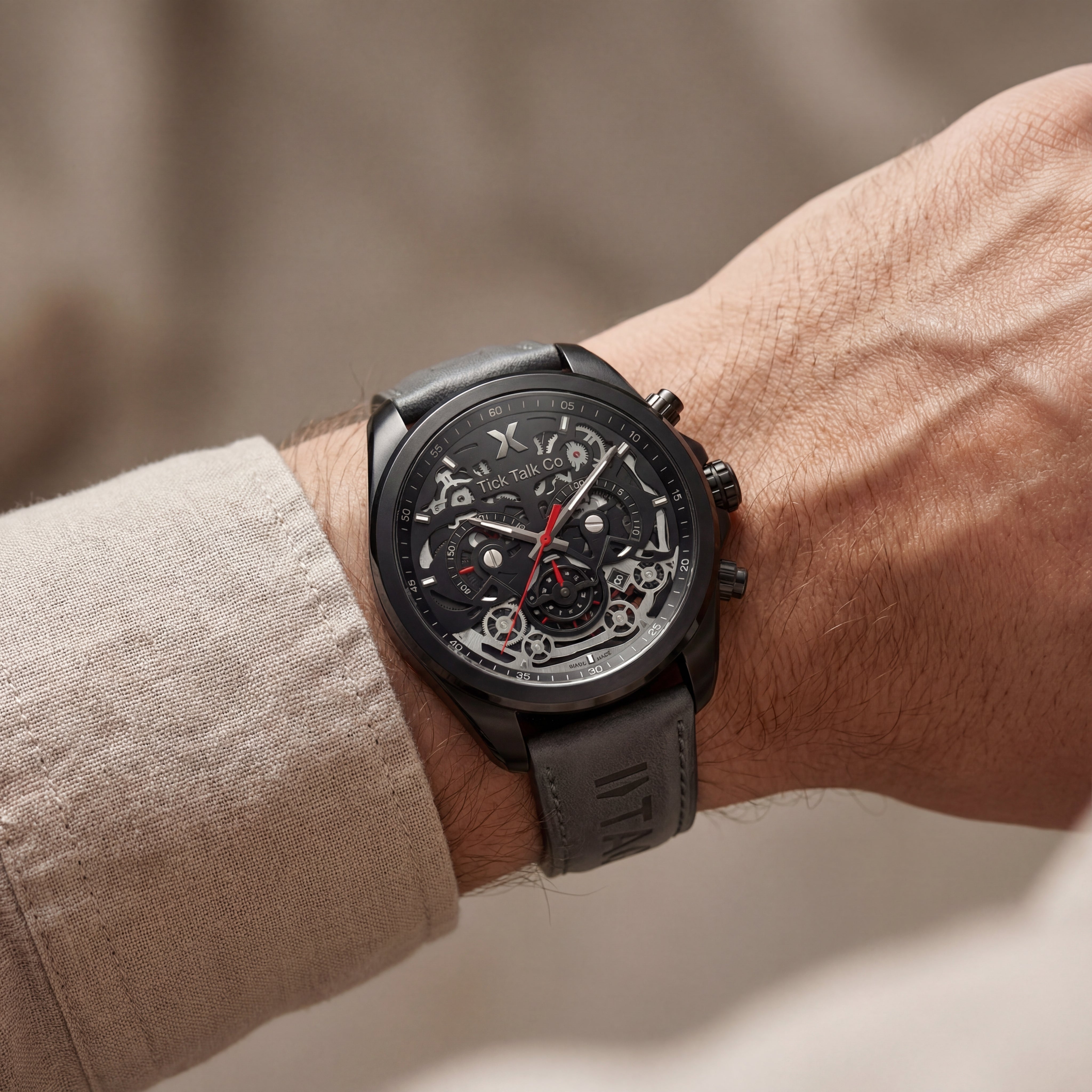 Matte Black Skeleton Chronograph Watch with Black Open-Work Dial and Black Leather Strap