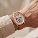 ose Gold Skeleton Chronograph Watch with White Open-Work Dial and Brown Leather Strap