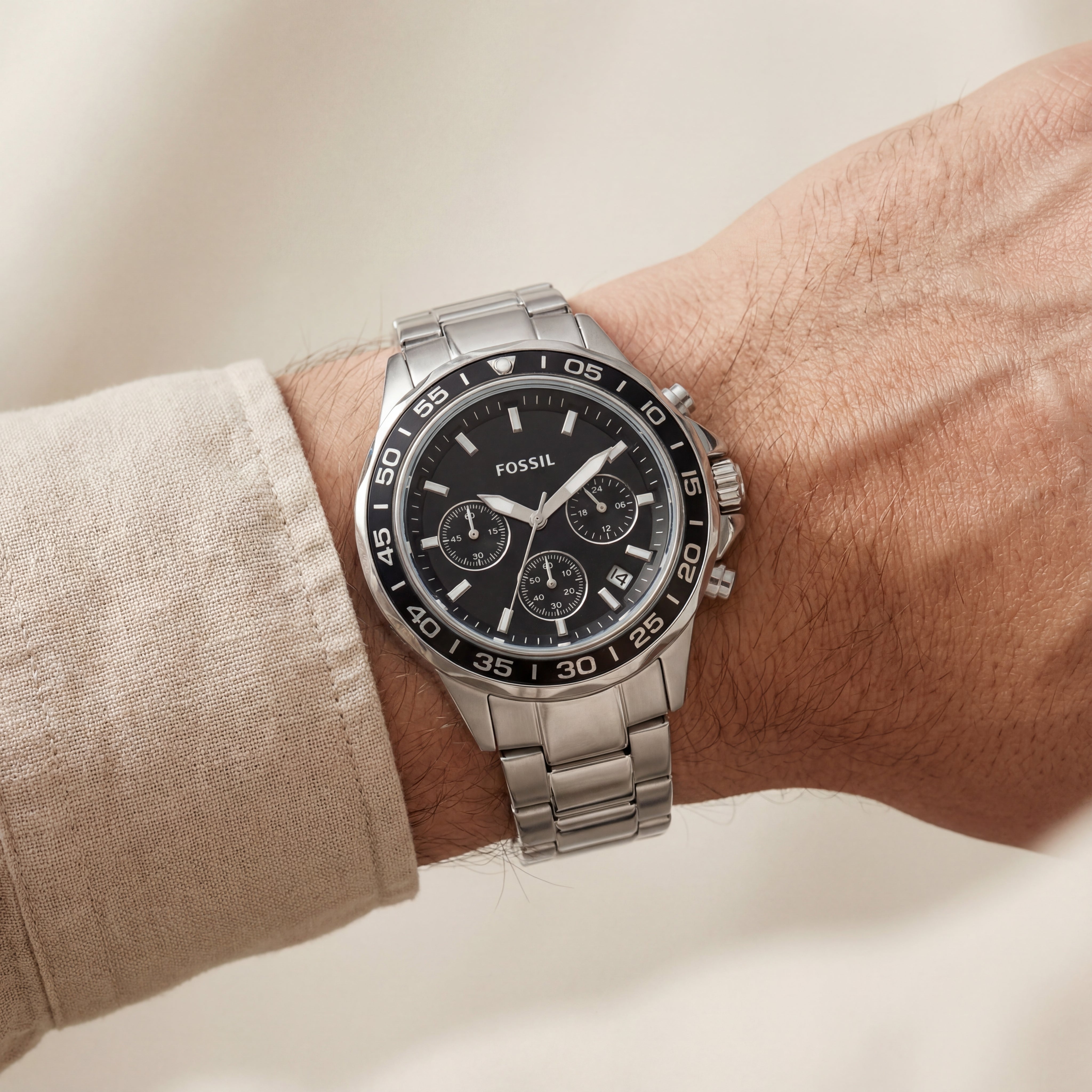 Silver Steel Black Chronograph Dial Men’s Watch