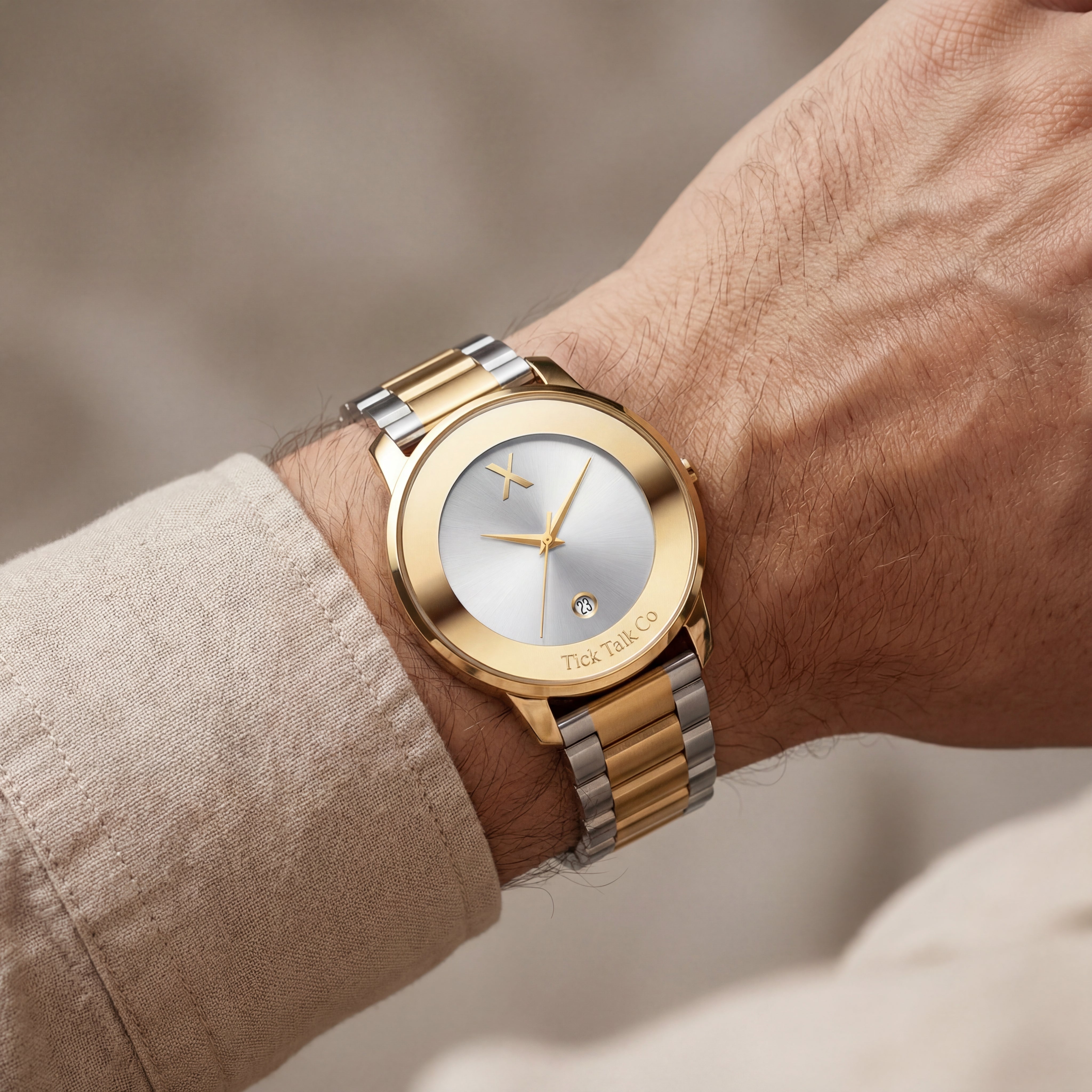 Two-Tone Gold Silver Date Dial Stainless Steel Watch
