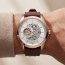 Rose Gold Skeleton Automatic Dial Brown Silicone Strap Men’s Watch