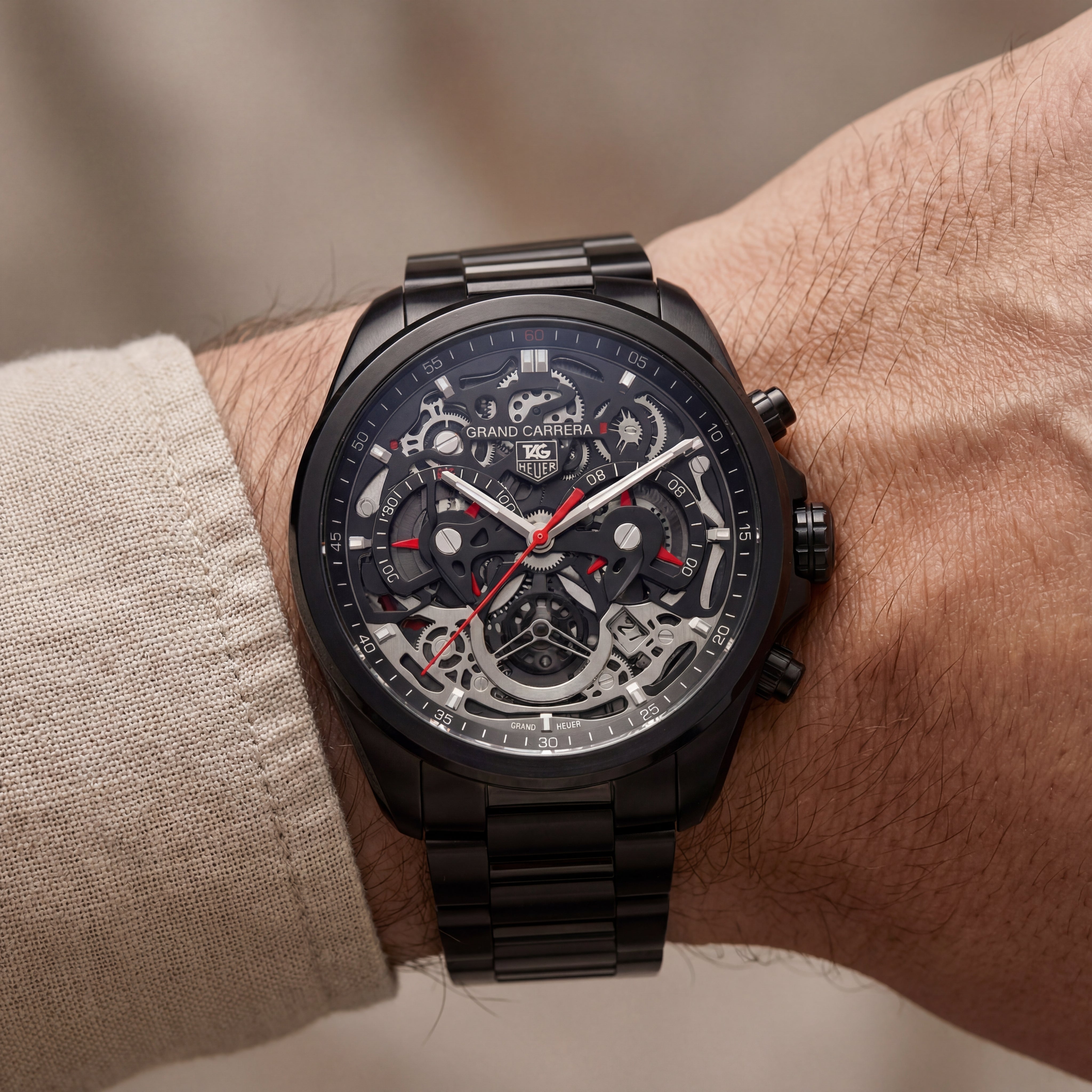 Matte Black Skeleton Chronograph Men’s Watch with Red Accents