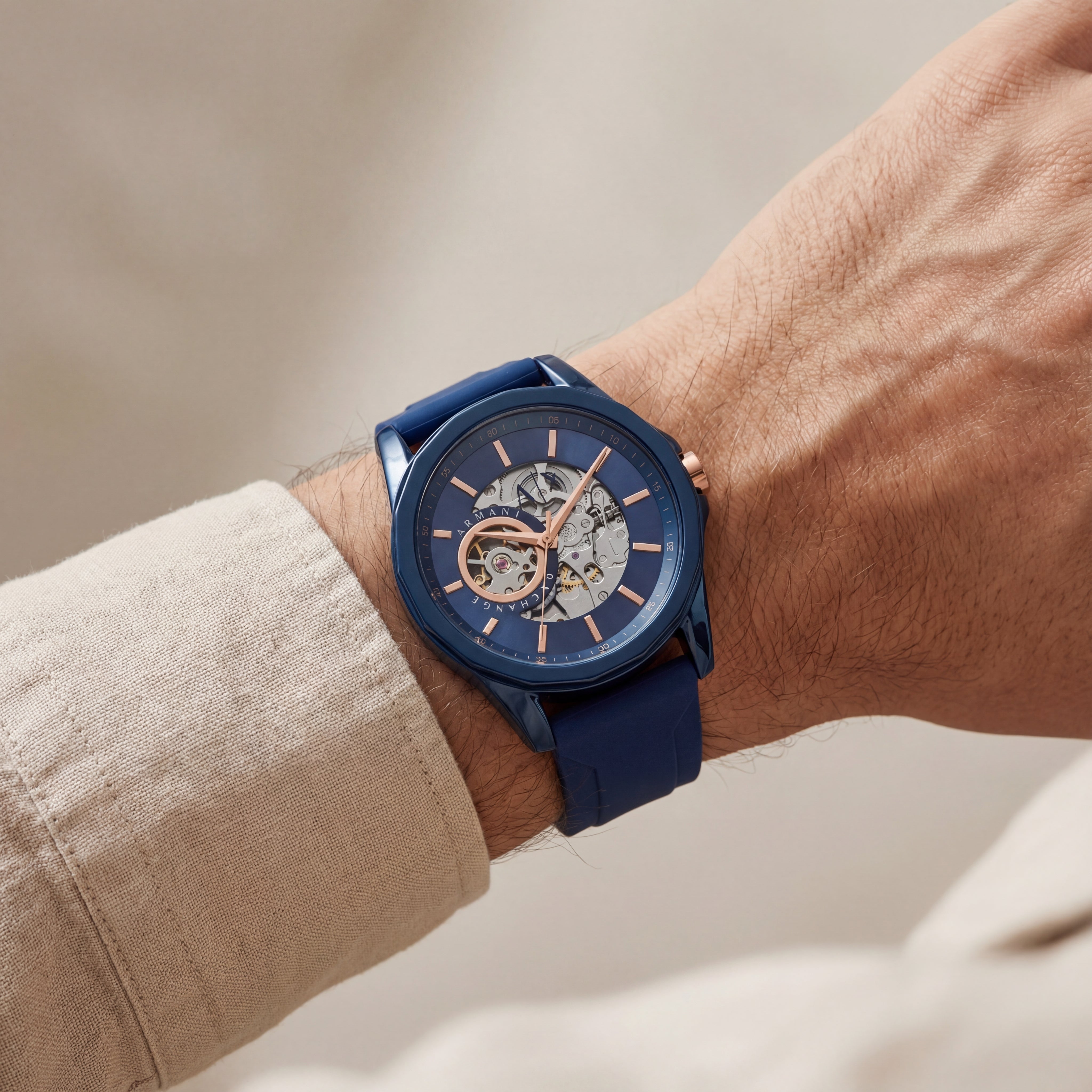 Navy Blue Skeleton Automatic Dial Silicone Strap Men’s Watch