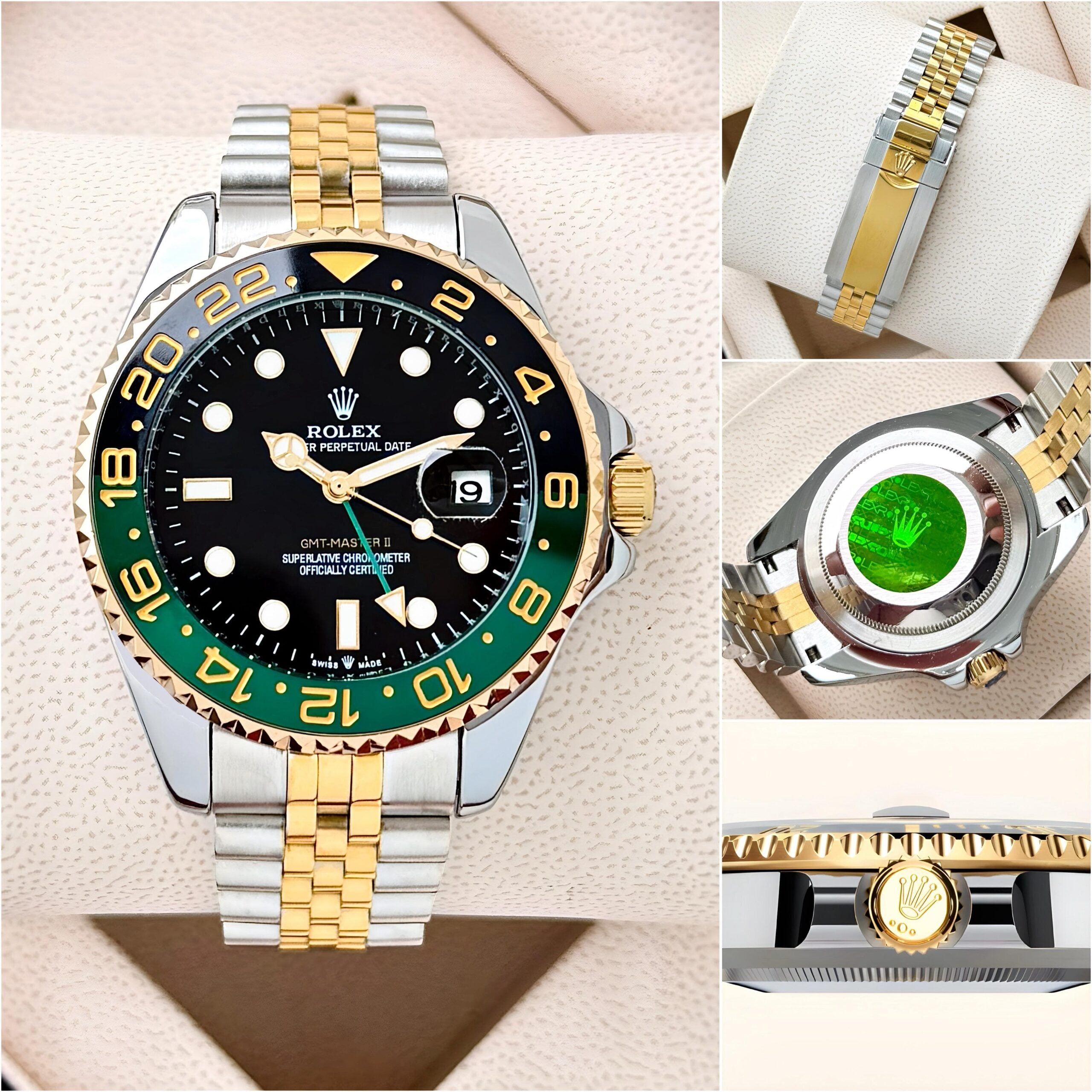 Premium Two-Tone GMT Style Luxury Watch Green Black Bezel Jubilee Bracelet Classic Business Watch – Men