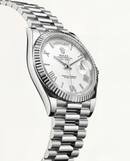 Classic White Dial Fluted Steel Day-Date Automatic Watch