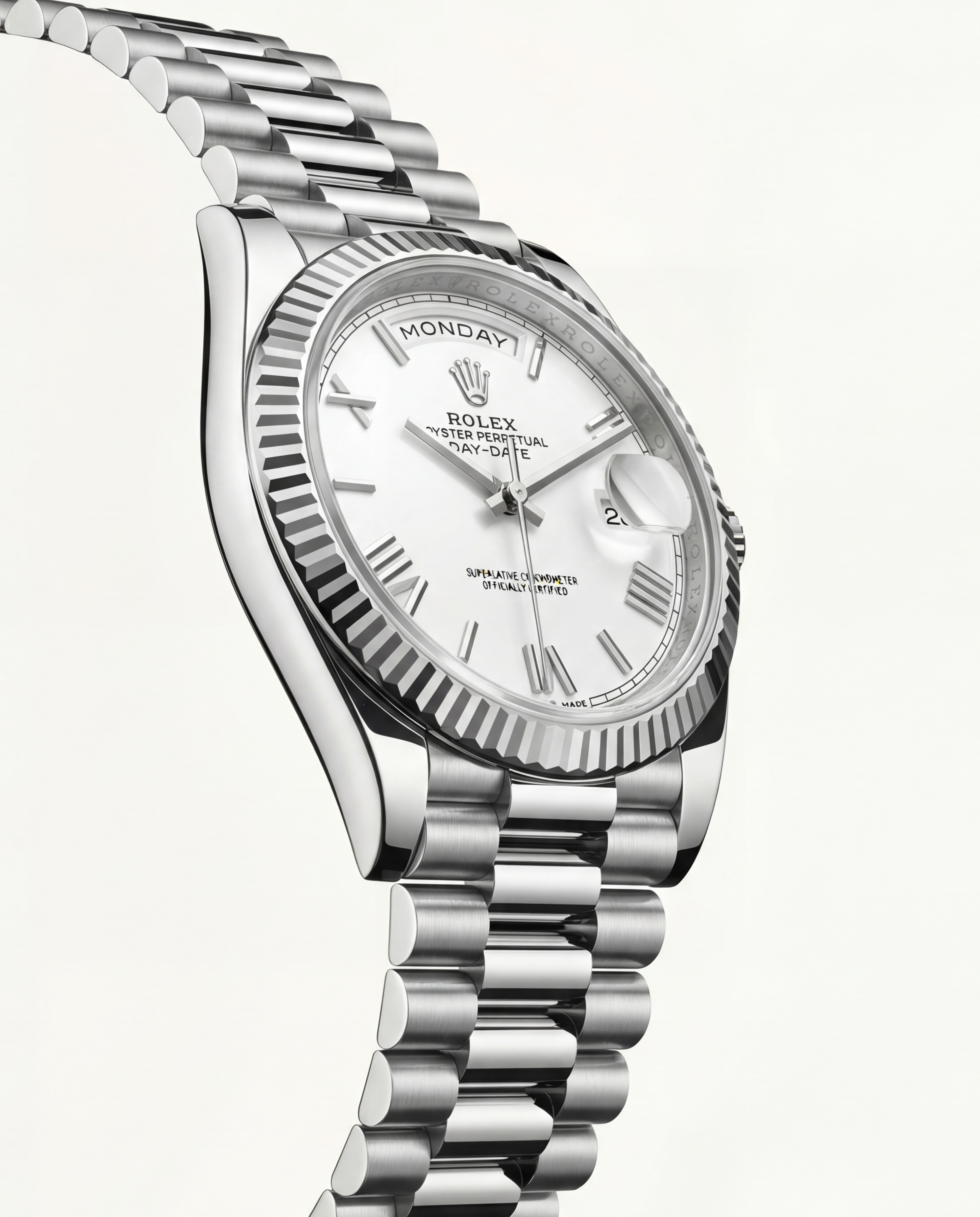 Classic White Dial Fluted Steel Day-Date Automatic Watch