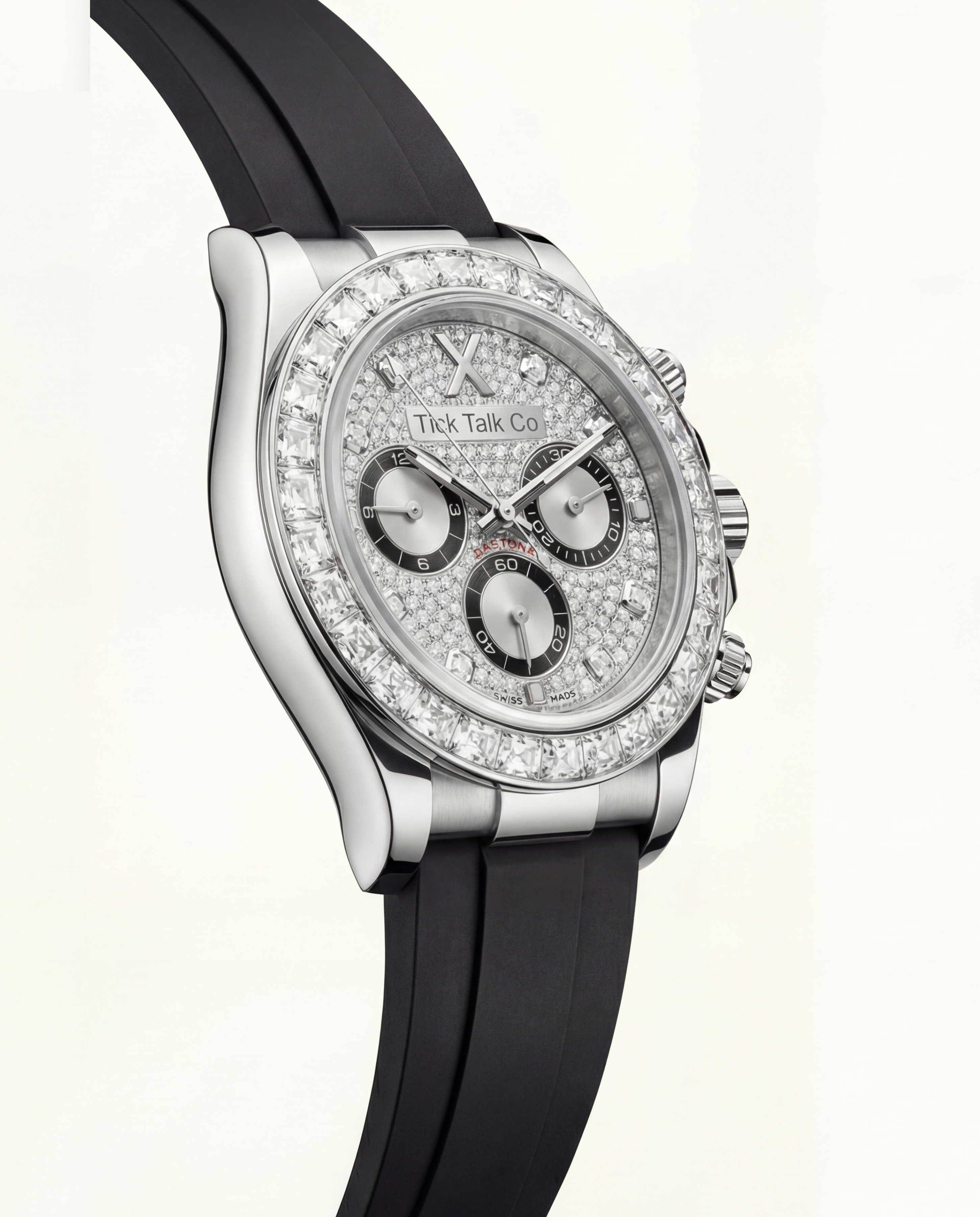 Silver Chronograph Diamond Bezel Watch with Black Strap