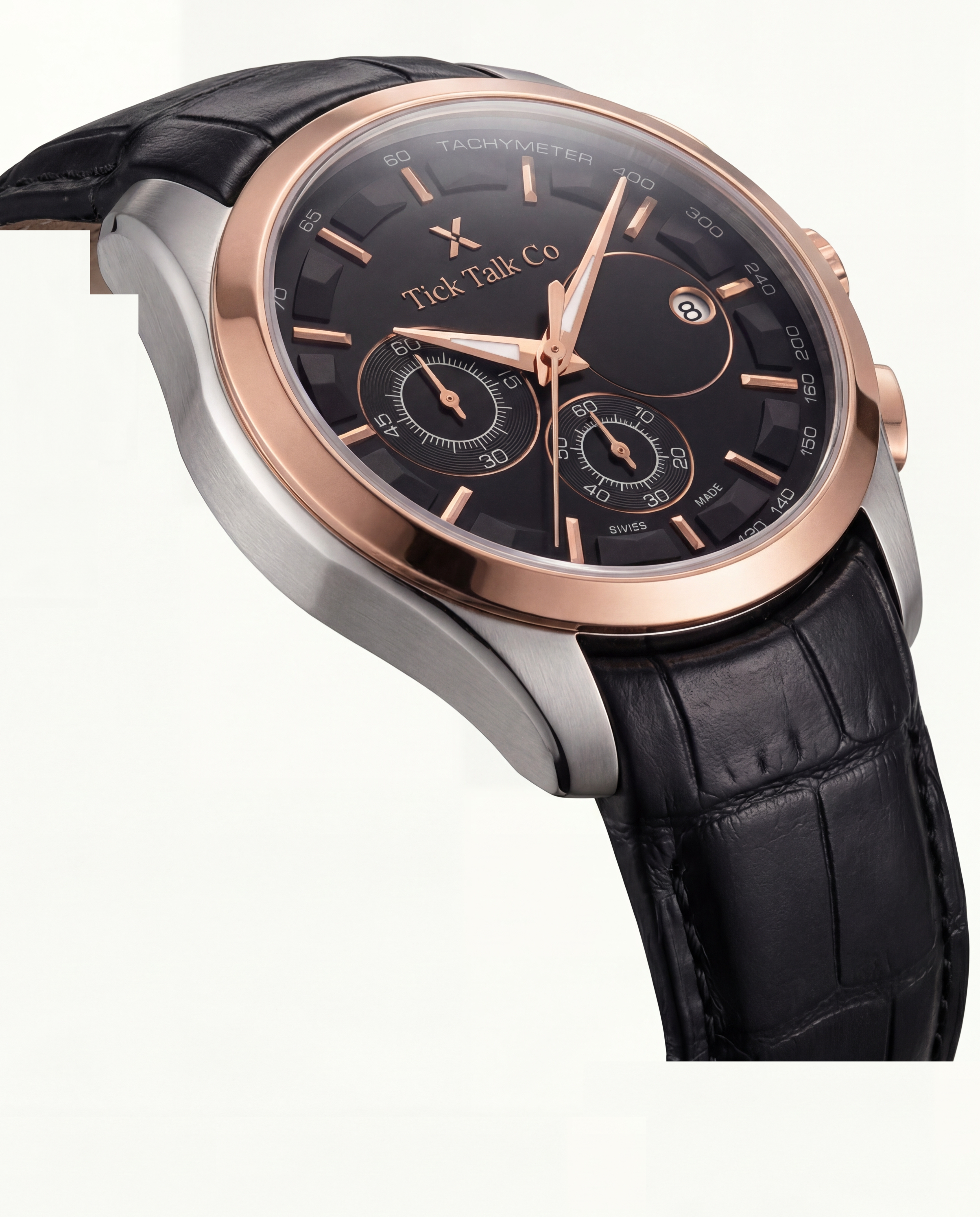 Rose Gold & Silver Chronograph Tachymeter Watch with Black Leather Strap