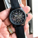 Premium Black Stainless Steel Automatic Skeleton Watch Black Dial Black Silicone Strap Sport Luxury Watch – Men