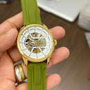 Premium Gold Stainless Steel Automatic Skeleton Watch Olive Green Silicone Strap Luxury Sport Watch – Men
