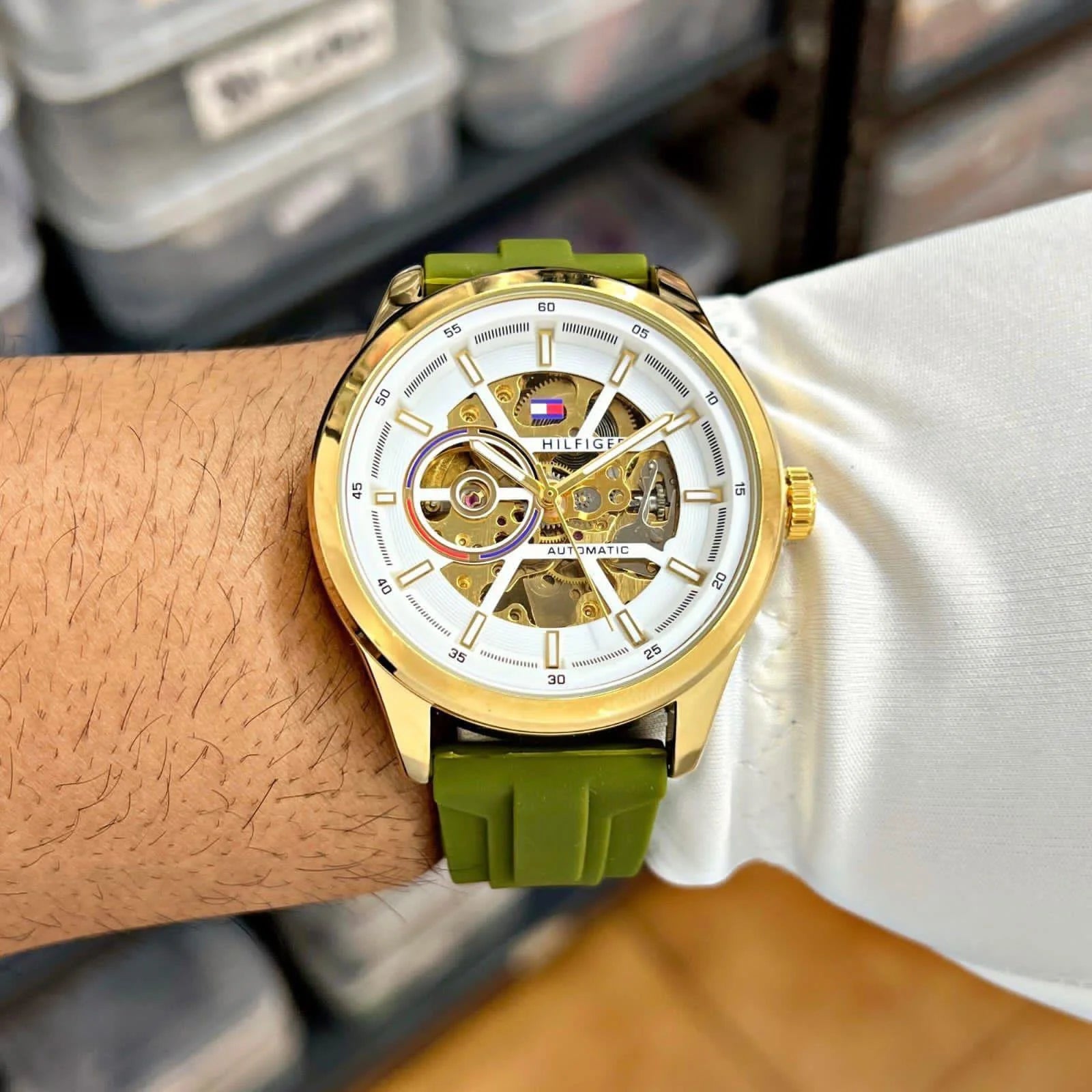 Premium Gold Stainless Steel Automatic Skeleton Watch Olive Green Silicone Strap Luxury Sport Watch – Men