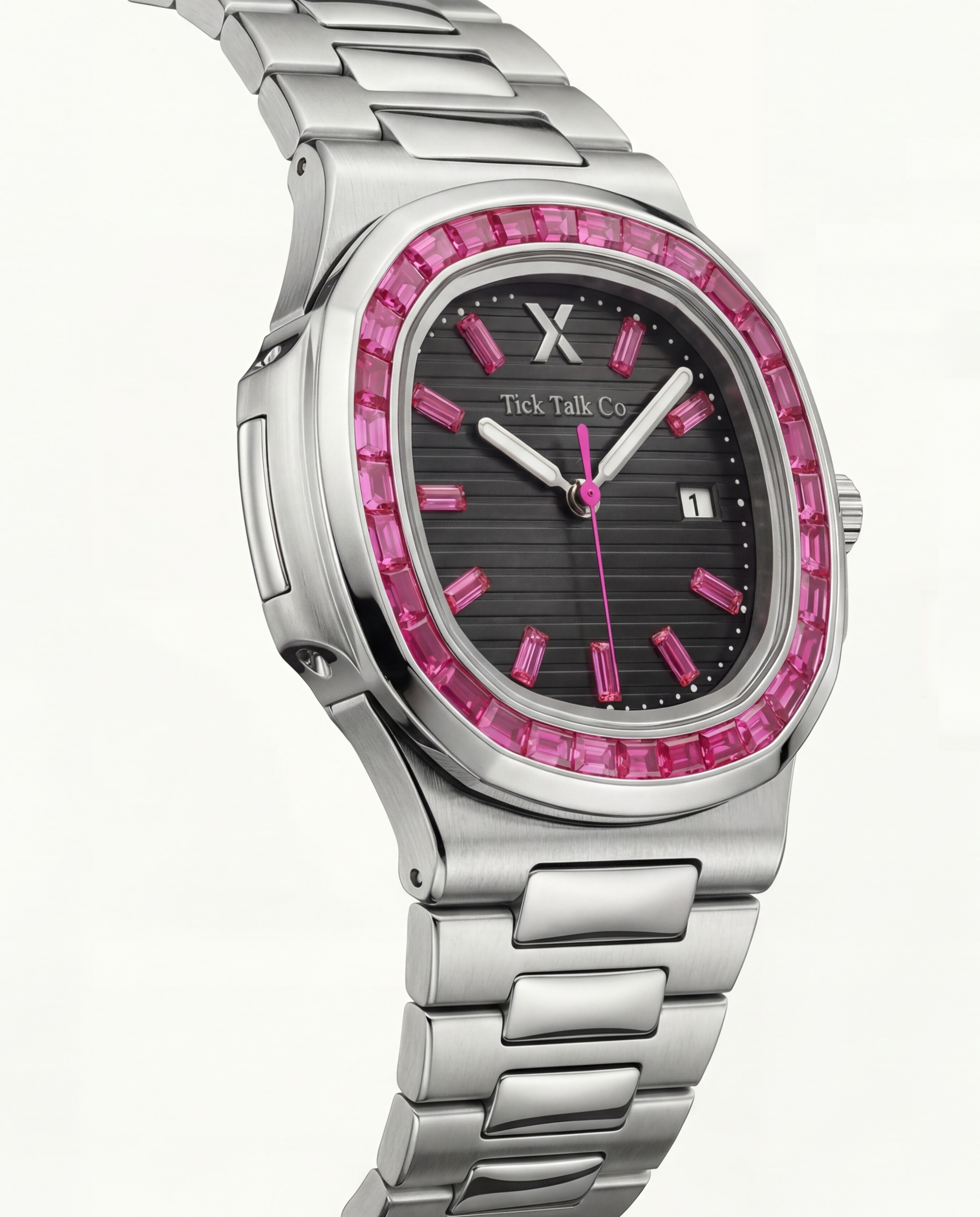 Black Dial Silver Watch with Pink Gem Bezel & Stainless Steel Bracelet