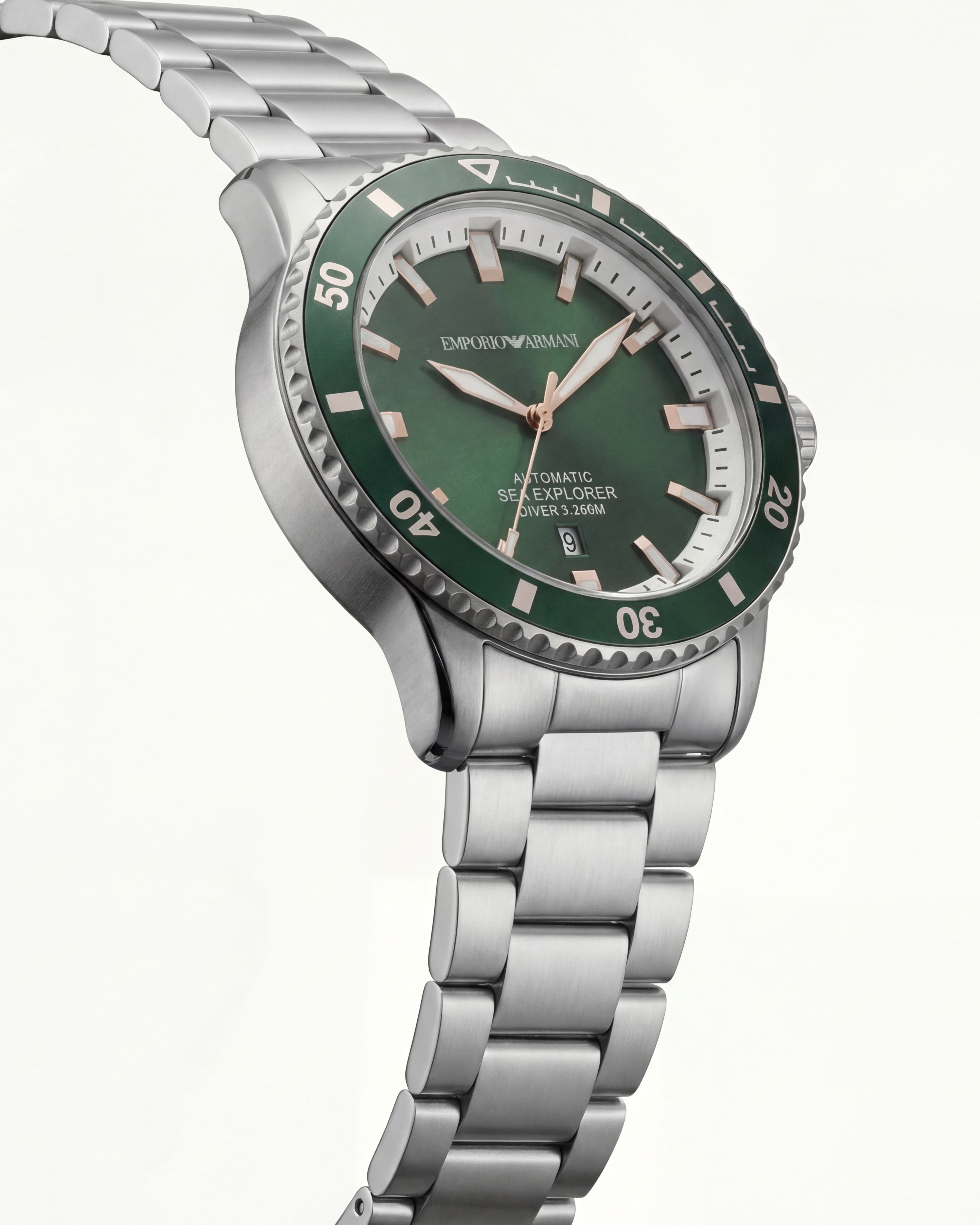 Premium Silver Stainless Steel Diver Style Watch Green Dial White Ring Date Display Sport Luxury Watch – Men