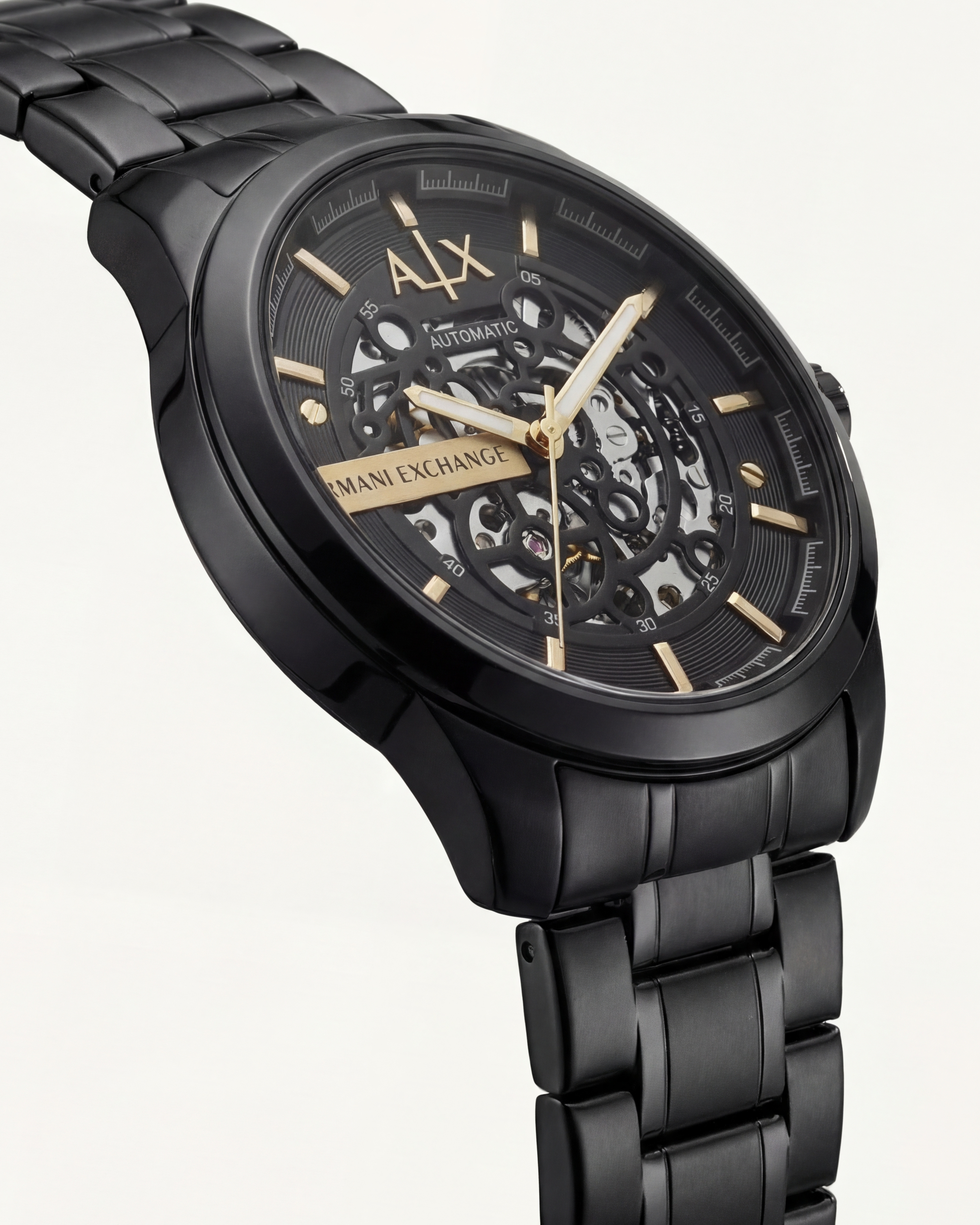 Luxury Black Stainless Steel Skeleton Watch Gold Markers Automatic Open Dial Mechanical Watch – Men