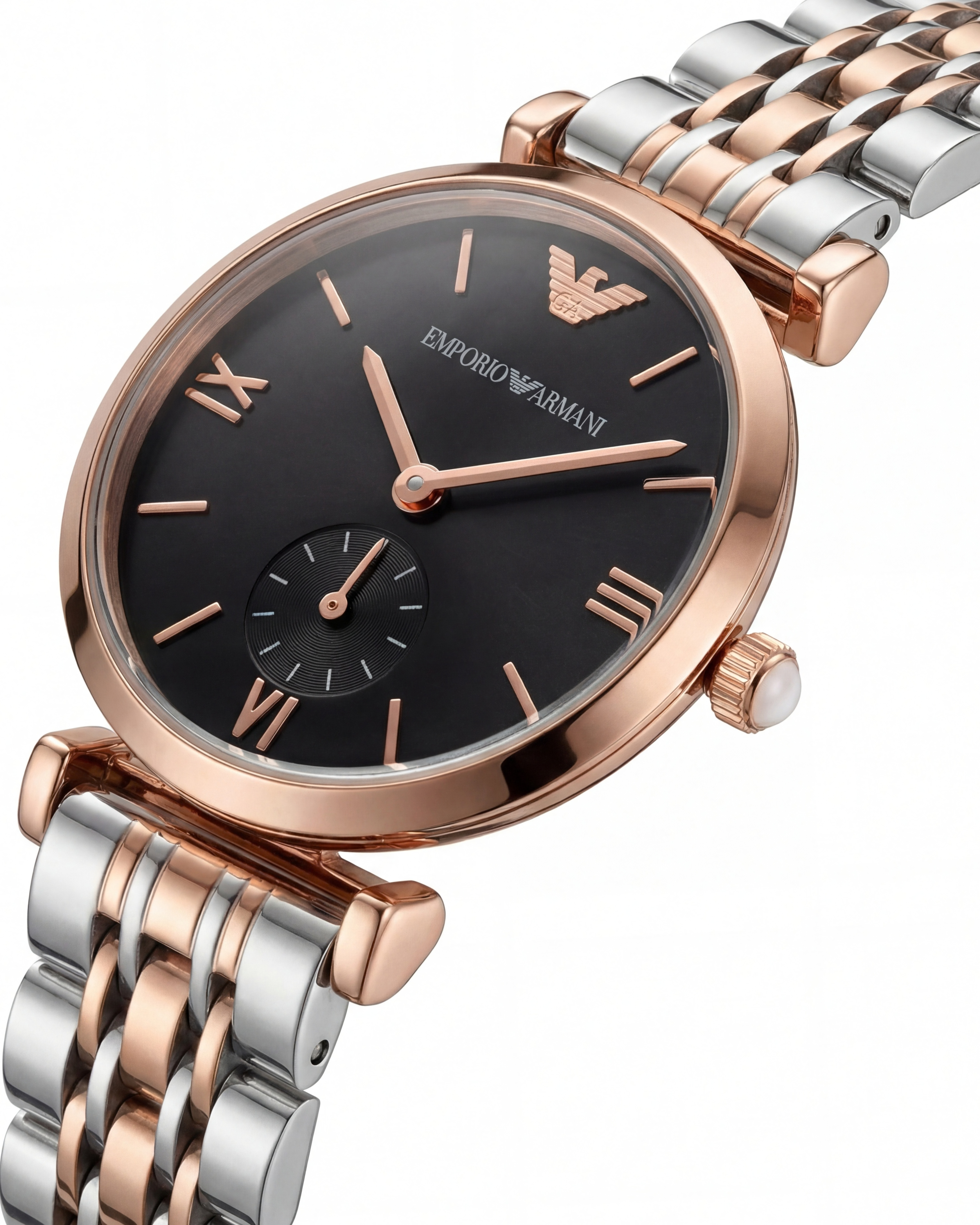 Two-Tone Steel & Rose Gold Black Dial Sub-Second Classic Bracelet Watch – Women