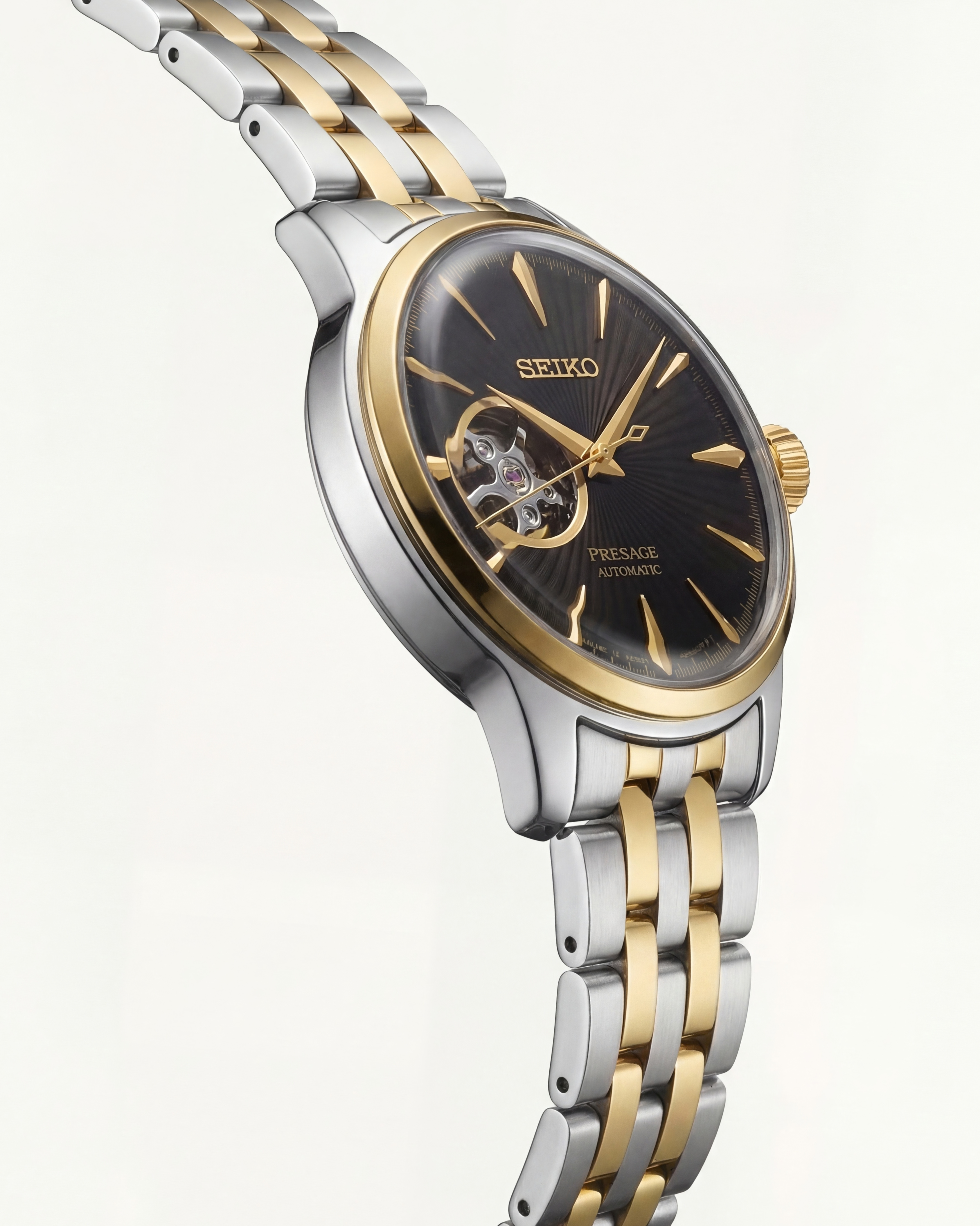 Two-Tone Gold & Silver Stainless Steel Case Black Sunburst Dial Open-Heart Automatic Luxury Bracelet Watch – Men