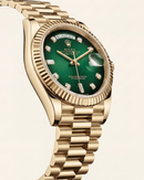 Luxury Gold Stainless Steel Watch Fluted Bezel Emerald Green Sunburst Dial Diamnd Markers Day-Date Watch – Men