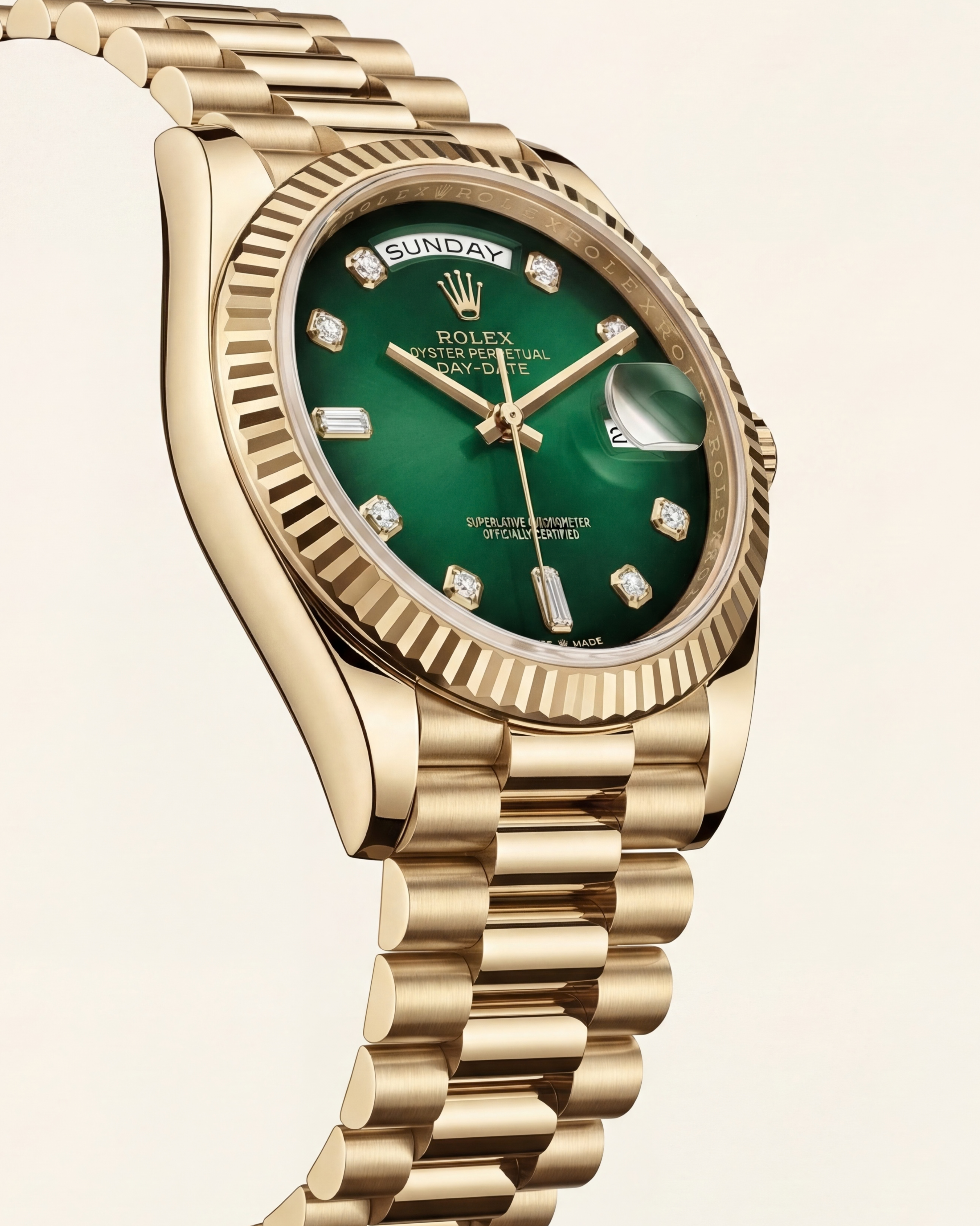 Luxury Gold Stainless Steel Watch Fluted Bezel Emerald Green Sunburst Dial Diamnd Markers Day-Date Watch – Men