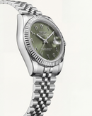 Luxury Silver Stainless Steel Watch Fluted Bezel Olive Green Sunburst Dial Arabic Numerals Jubilee Bracelet Premium Watch – Men