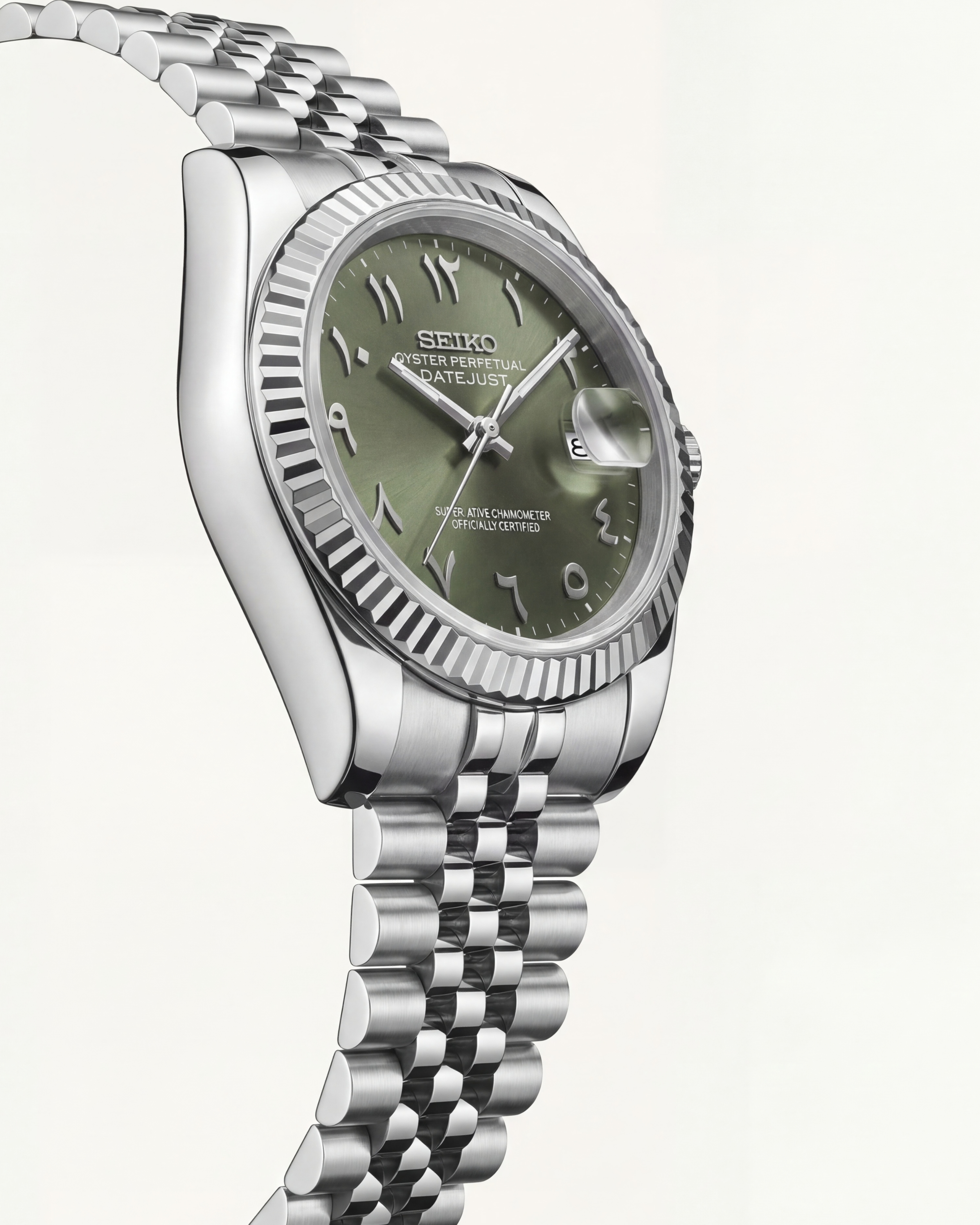Luxury Silver Stainless Steel Watch Fluted Bezel Olive Green Sunburst Dial Arabic Numerals Jubilee Bracelet Premium Watch – Men