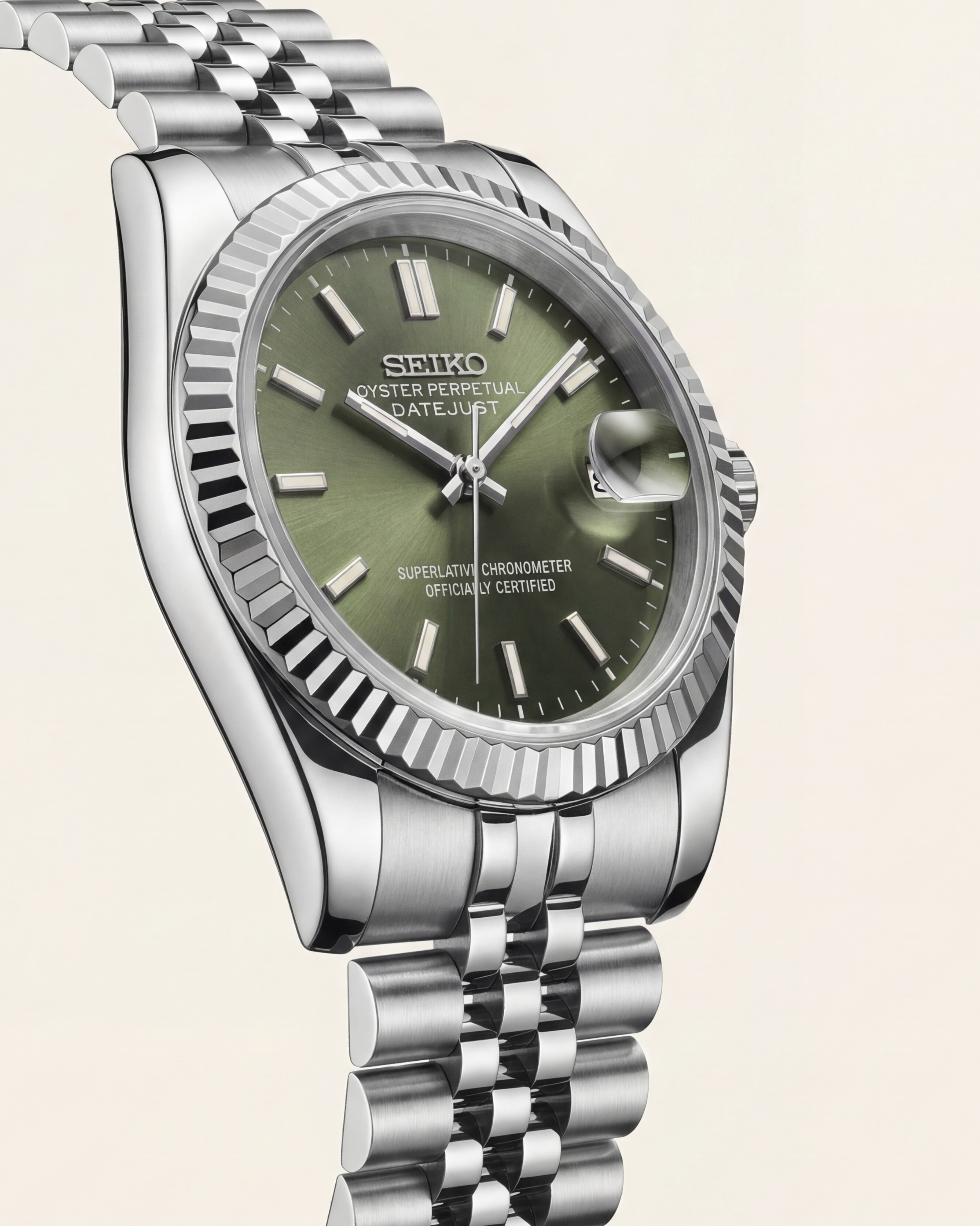 Luxury Silver Stainless Steel Watch Fluted Bezel Green Sunburst Dial Jubilee Bracelet Premium Watch – Men