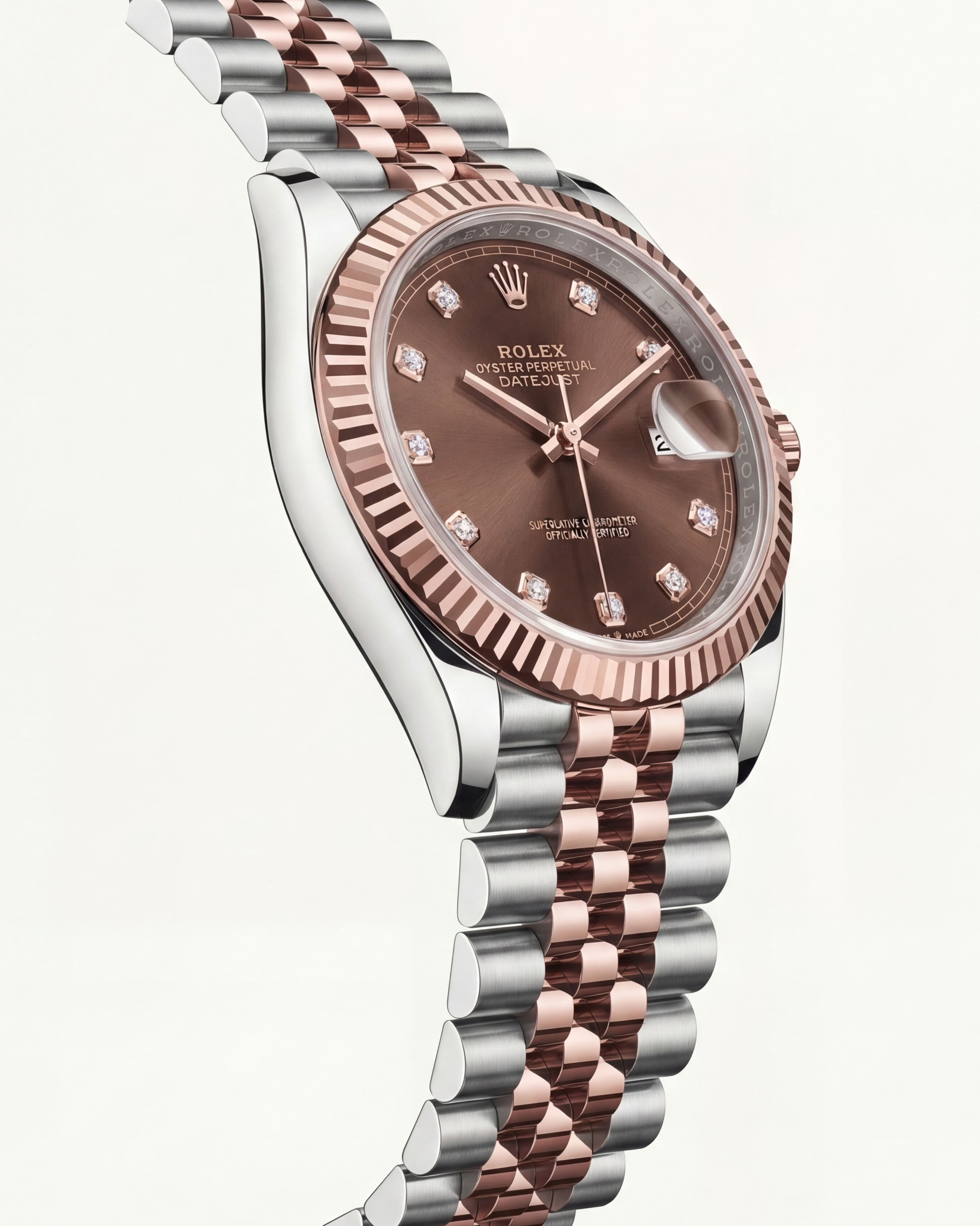 Luxury Two-Tone Stainless Steel Watch Rose Gold Fluted Bezel Chocolate Sunburst Dial Diamond Markers Date Watch – Men