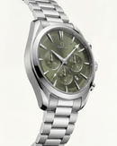 Luxury Silver Stainless Steel Chronograph Watch Olive Green Dial Baton Markers Multi-Subdial Date Display – Men