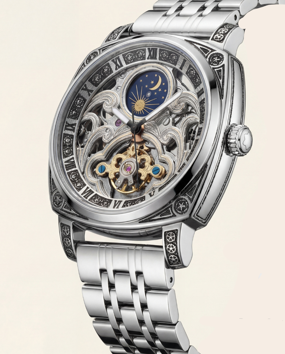 Silver Skeleton Moonphase Open-Heart Automatic Men’s Watch