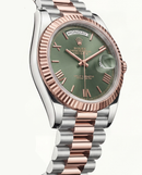 Olive Green Fluted Bezel Day-Date Automatic Steel Watch