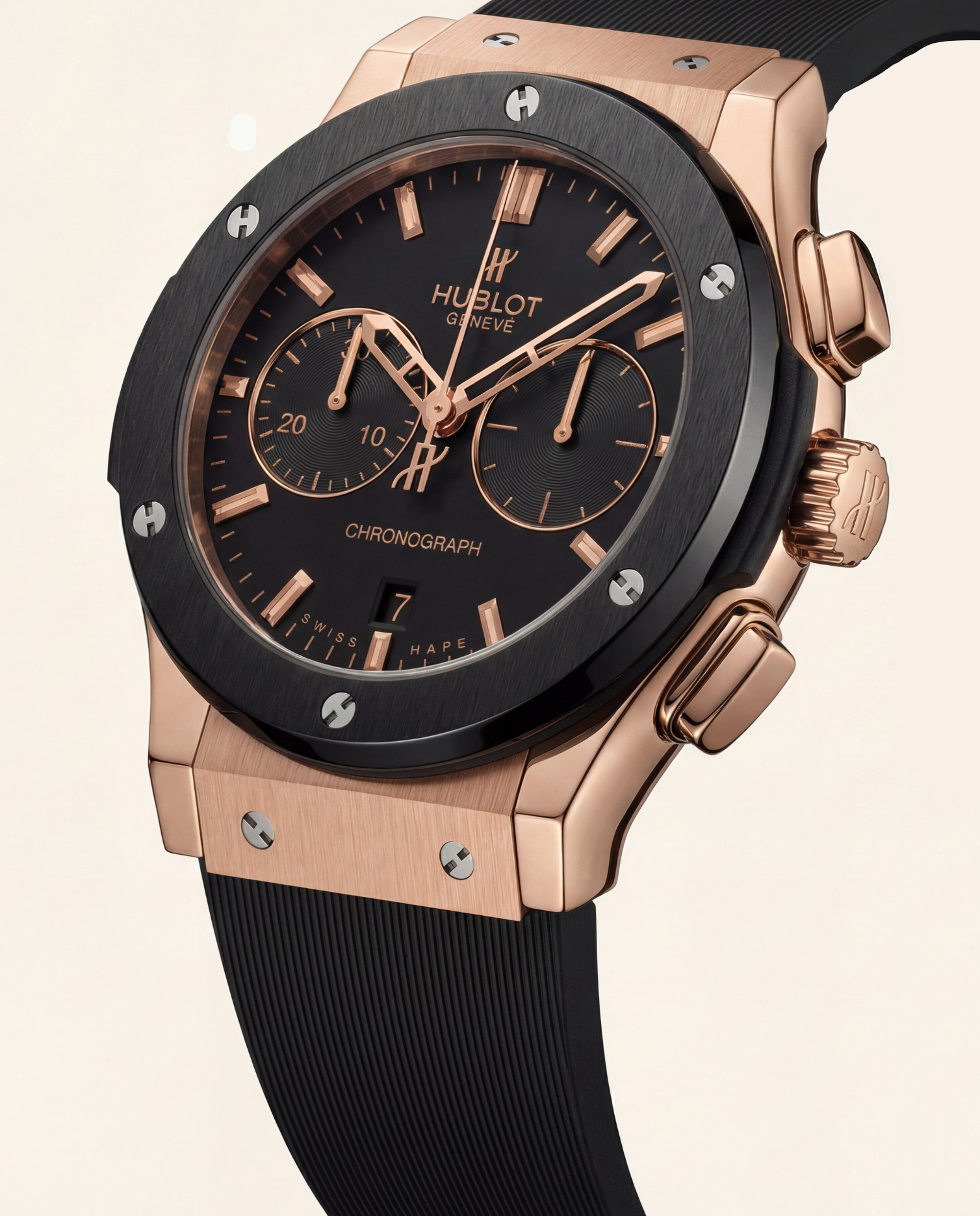 Rose Gold Chronograph Watch – Black Dial with Rubber Strap
