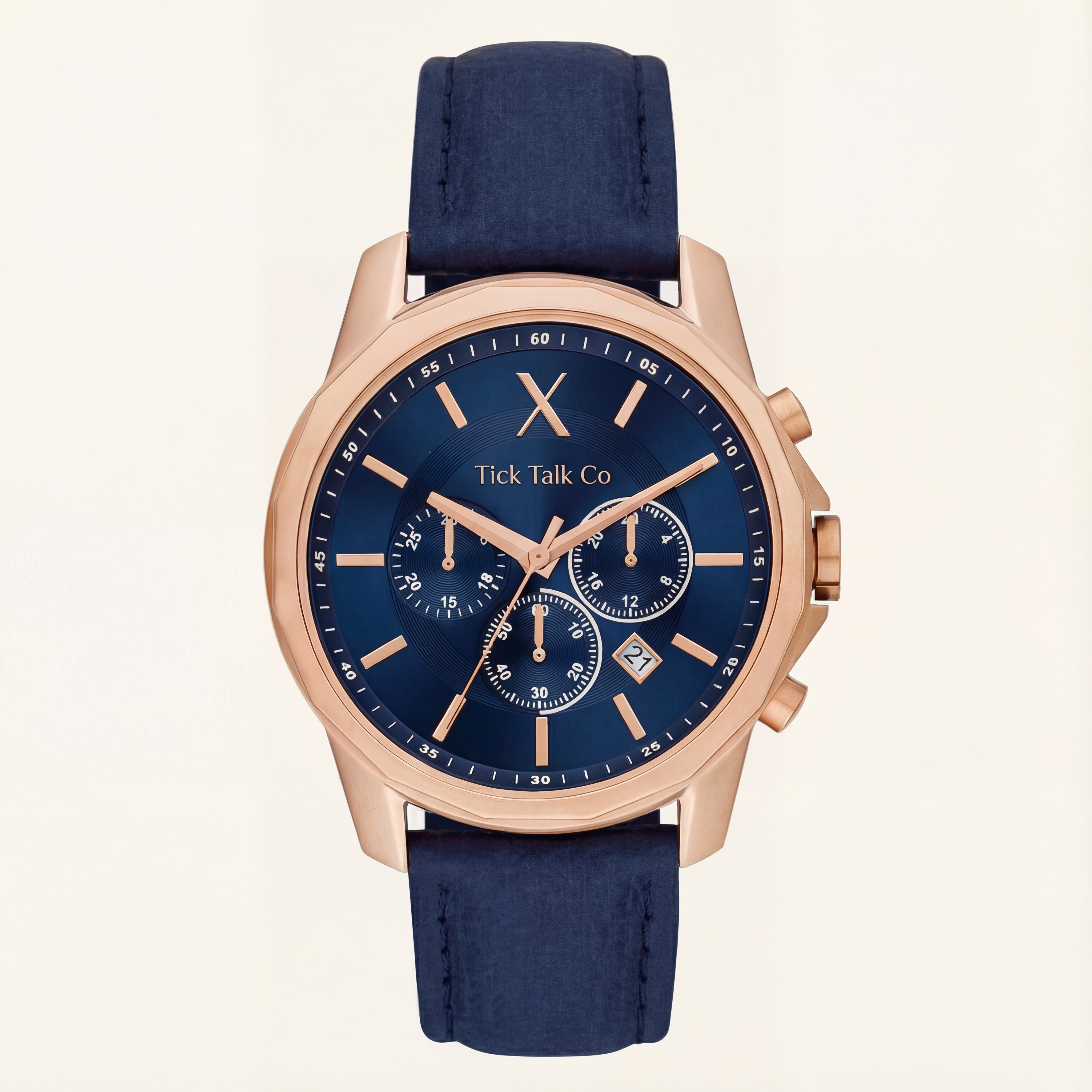 Royal Blue Chronograph Rose Gold Men’s Leather Strap Watch