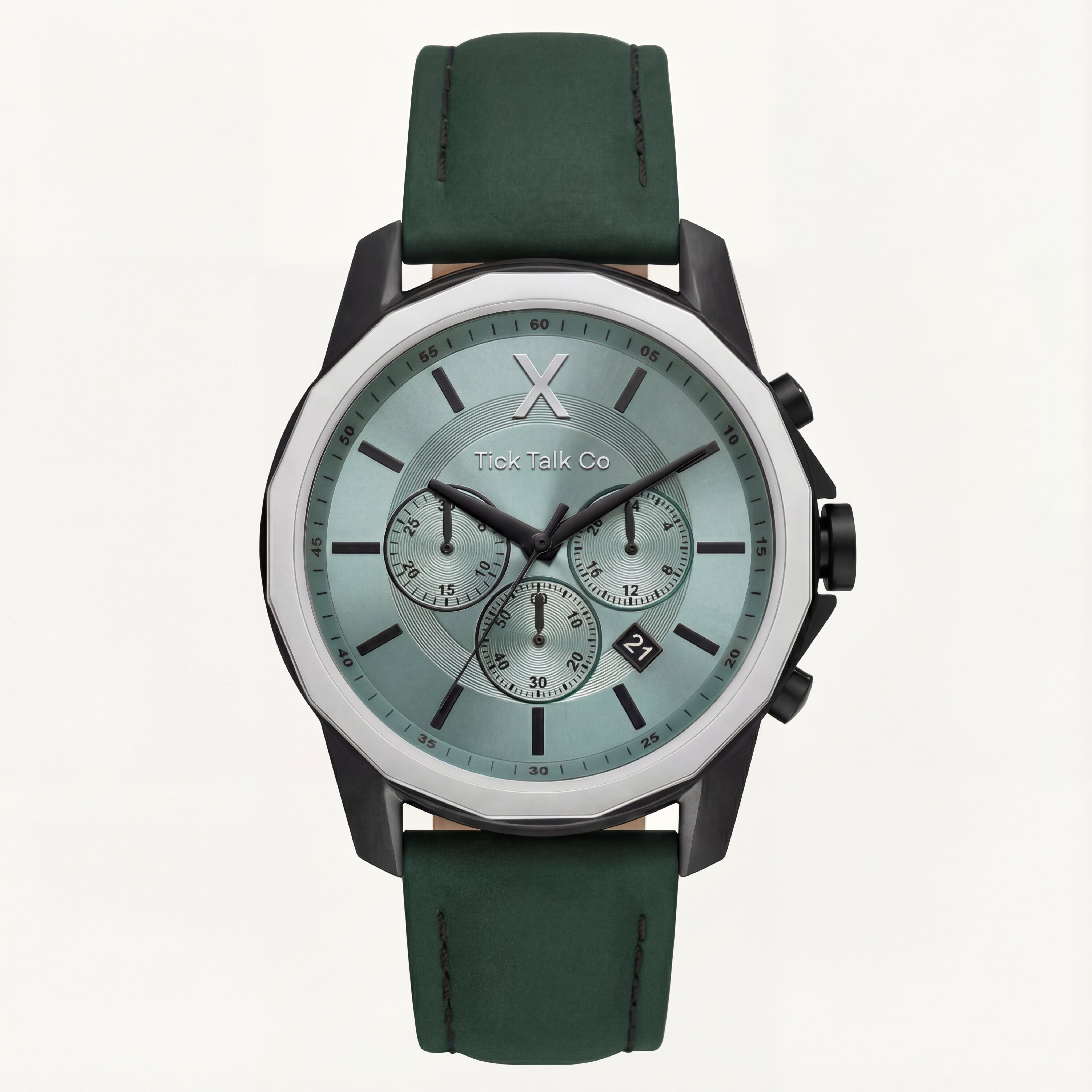 Sage Green Chronograph Black Case Men’s Leather Strap Watch