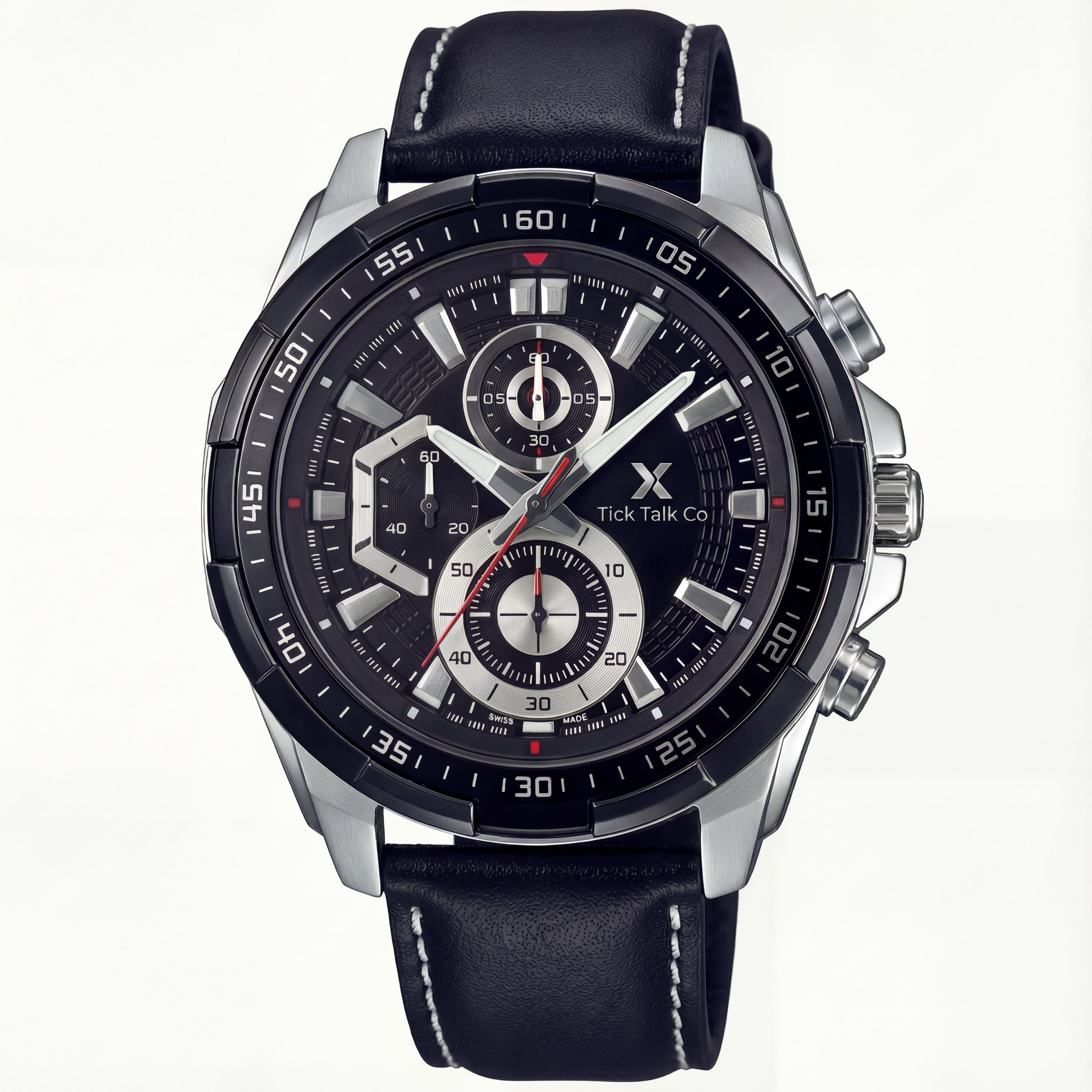 Black Chronograph Stainless Steel Leather Watch