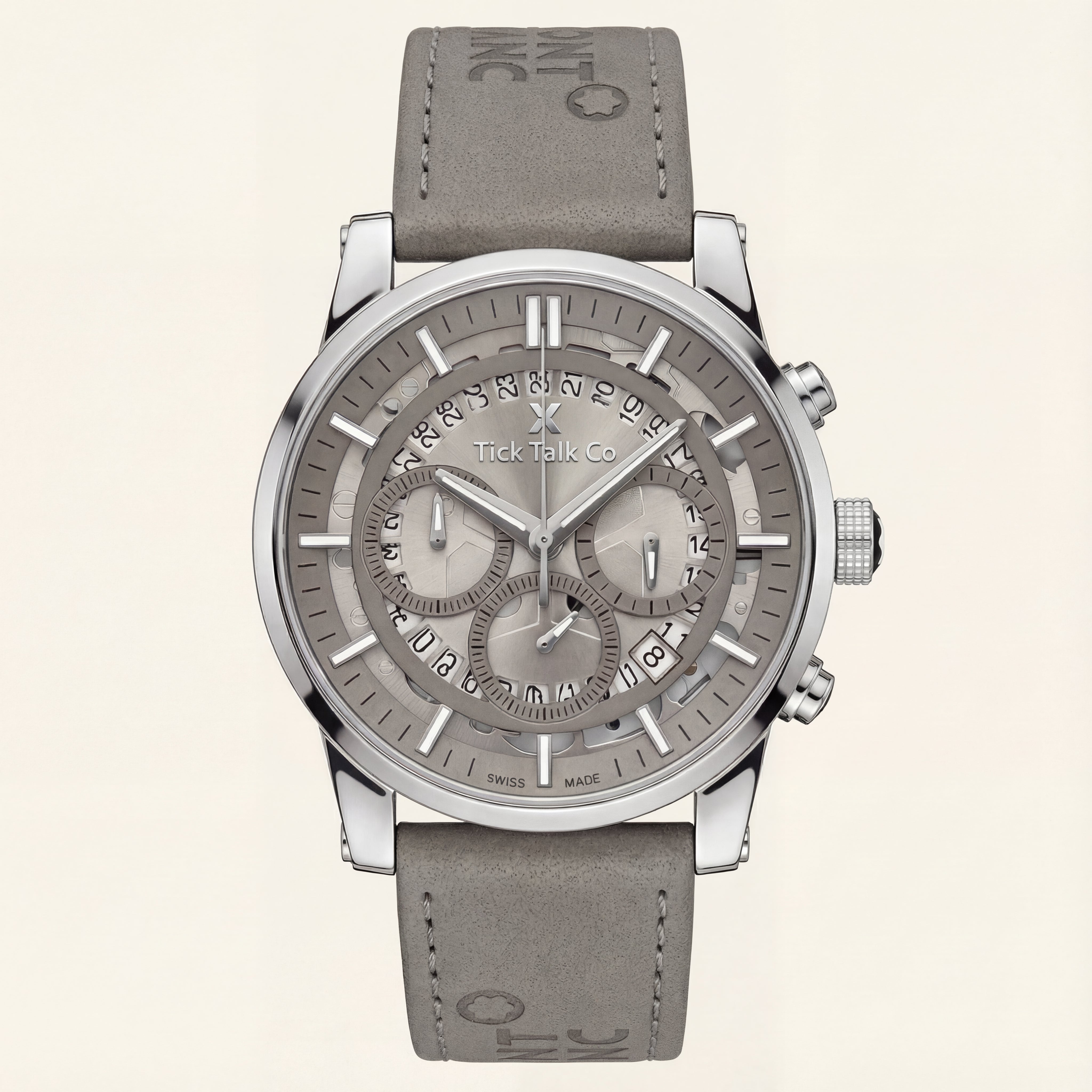 Silver Skeleton Chronograph with Grey Leather Strap