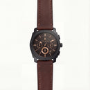 Black Chronograph Watch with Brown Leather Strap