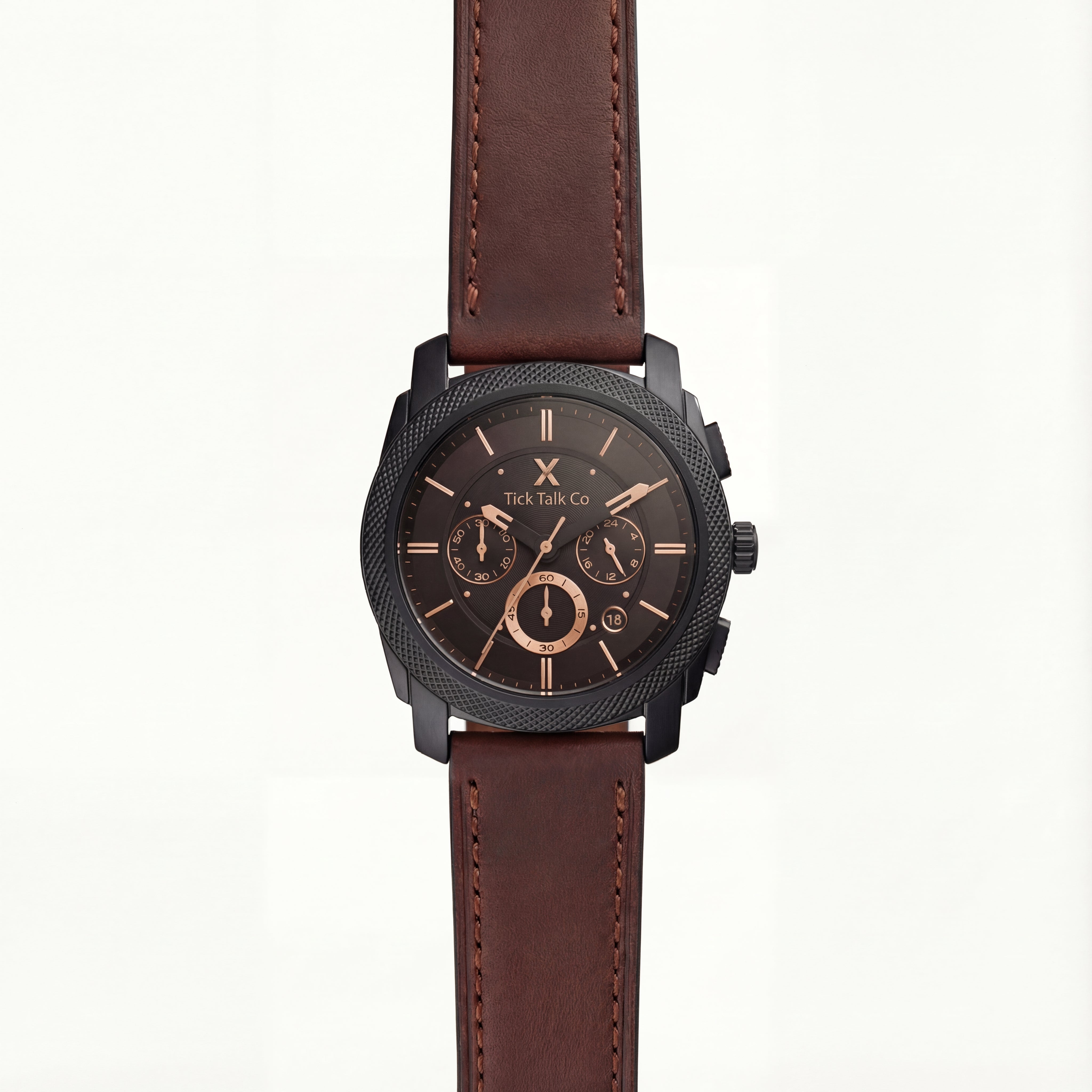 Black Chronograph Watch with Brown Leather Strap