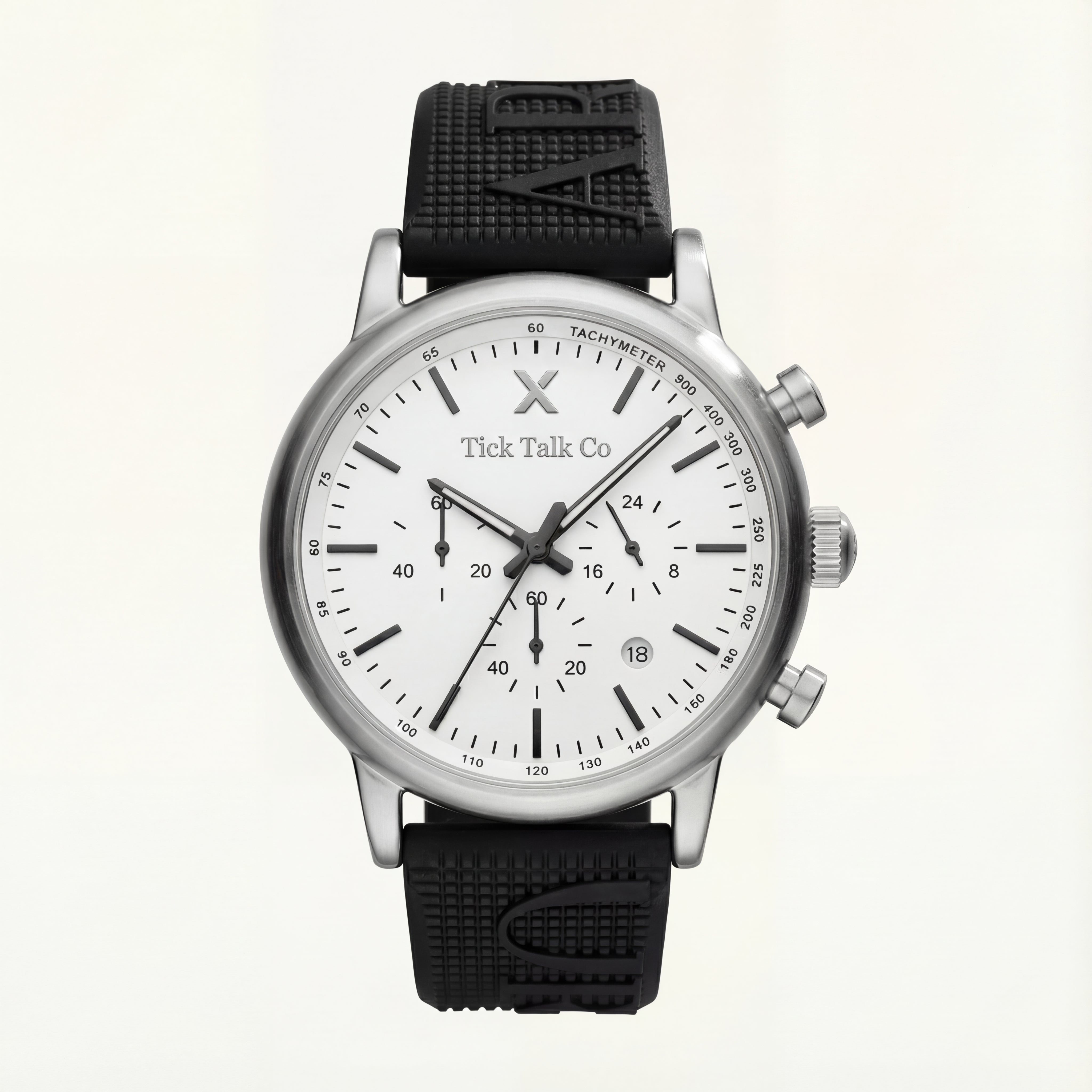 Silver Chronograph Watch with White Dial & Black Rubber Strap