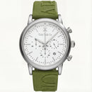 Silver Chronograph Watch with White Dial & Olive Green Rubber Strap